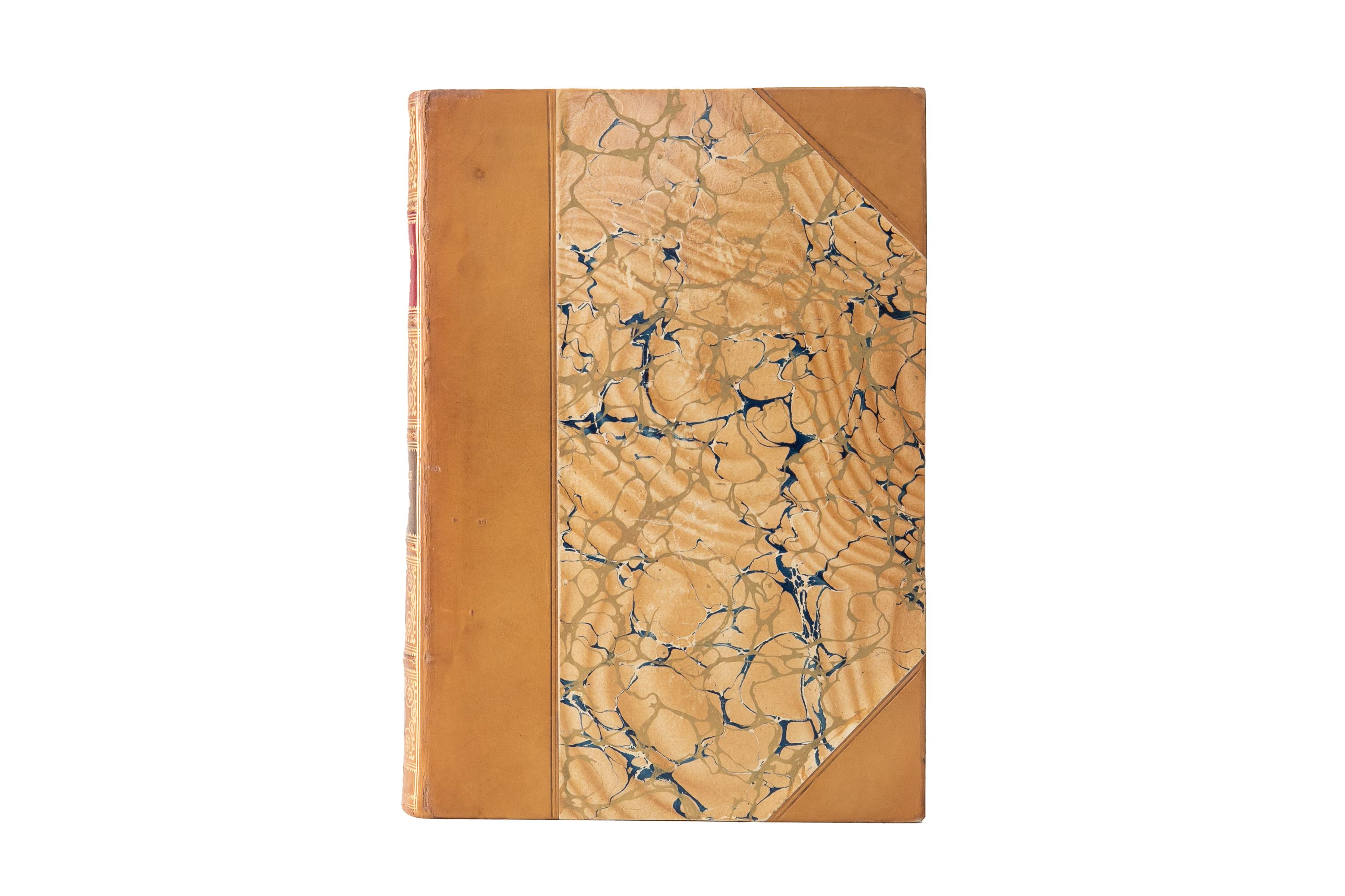 1 Volume. Elizabeth Barrett Browning, The Poetical Works. Cambridge Edition. Bound in 3/4 tan calf and marbled boards. Raised band spine gilt-tooled with red and green morocco labels. The top edge is gilt with marbled endpapers. Includes