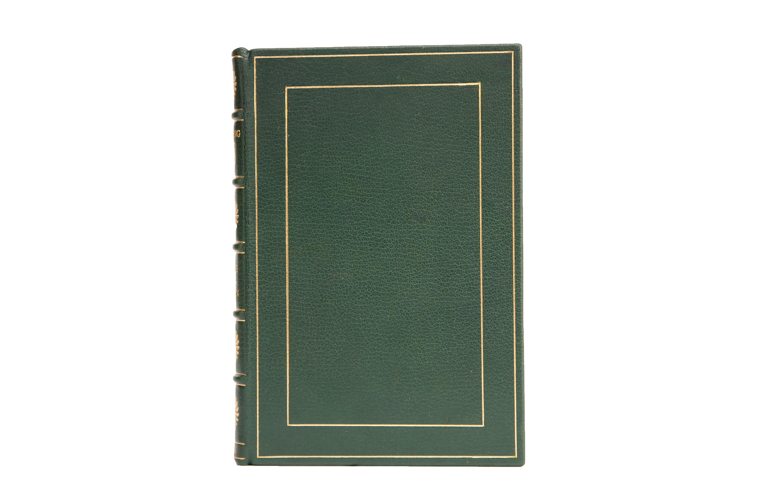 1 Volume. Ernest Jones and Innis Brown, swinging into golf. First edition. Bound in full green morocco with covers displaying a gilt double-ruled border. Raised bands gilt with panels displaying large flowers and label lettering, both in gilt