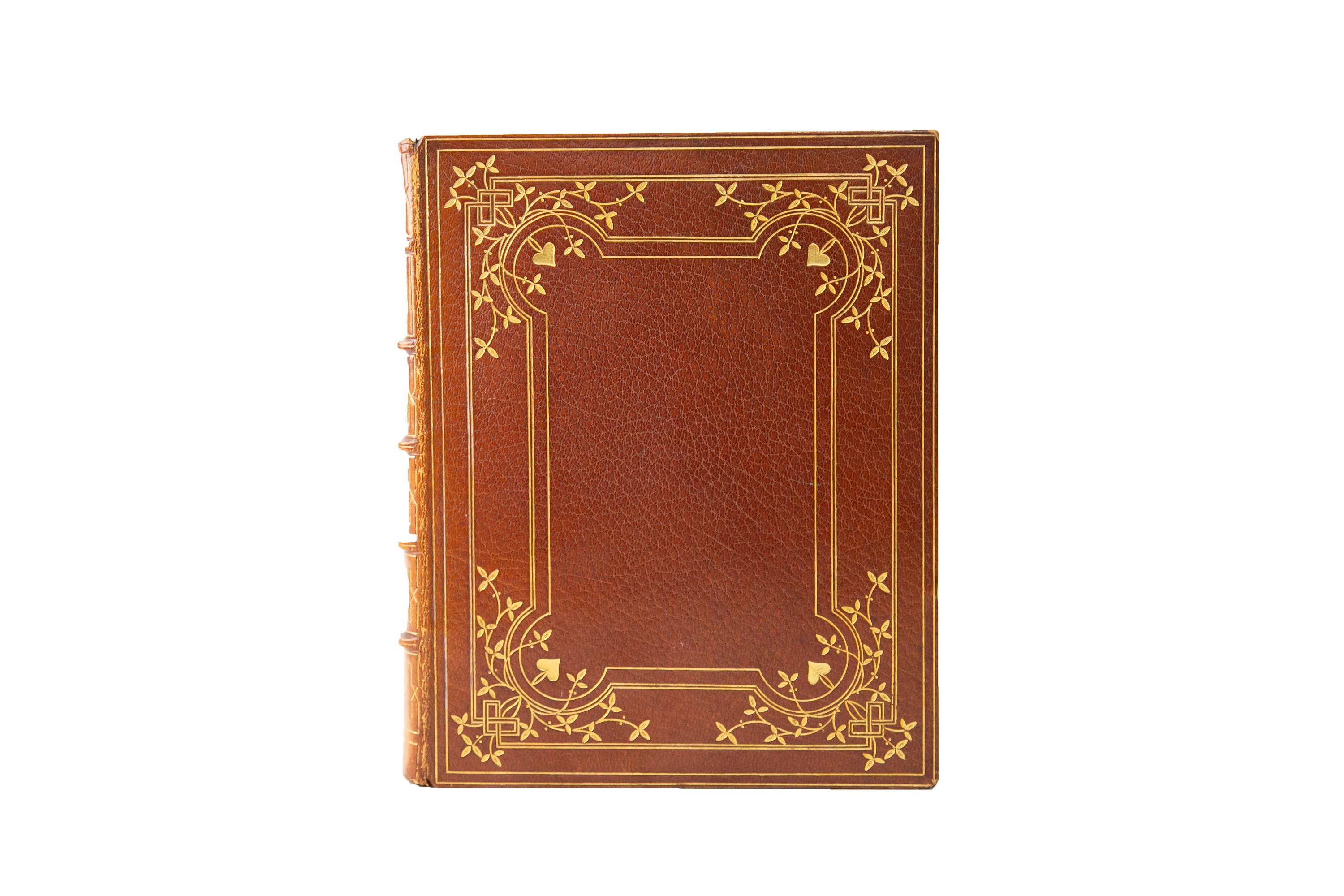 1 Volume. Francis Bacon, The Essays. Bound by Morrell in full brown morocco with the covers displaying floral and ruled gilt-tooled borders. The spines display raised bands, bordering, floral details, and label lettering, all gilt-tooled. The top