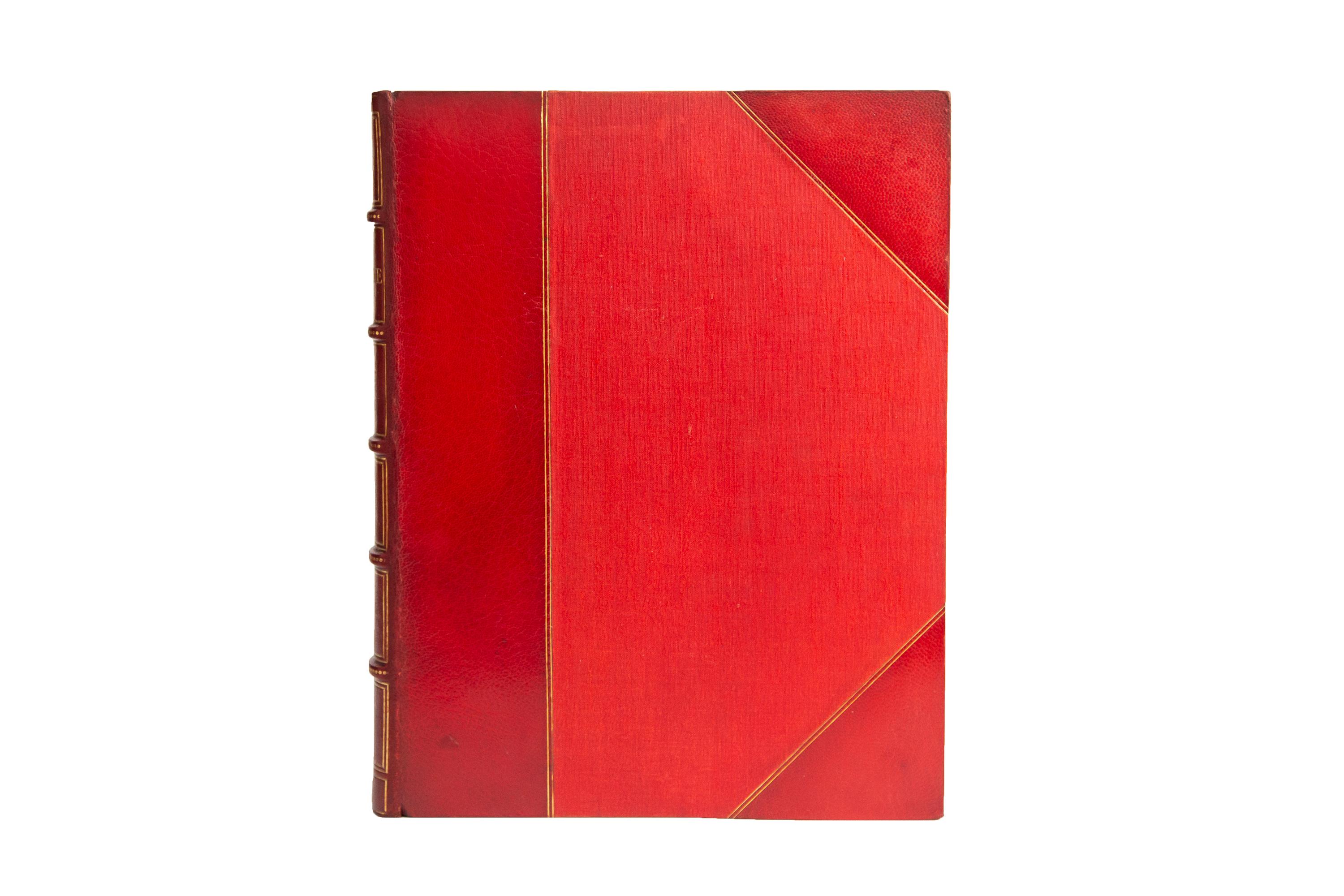 1 Volume. Frédéric Masson, Josephine: Empress & Queen. Bound by Riviere & Son in 3/4 red morocco and linen boards, bordered in gilt tooling. Raised bands, dotted in gilt tooling with panels displaying borders, bird imagery, and label lettering, all