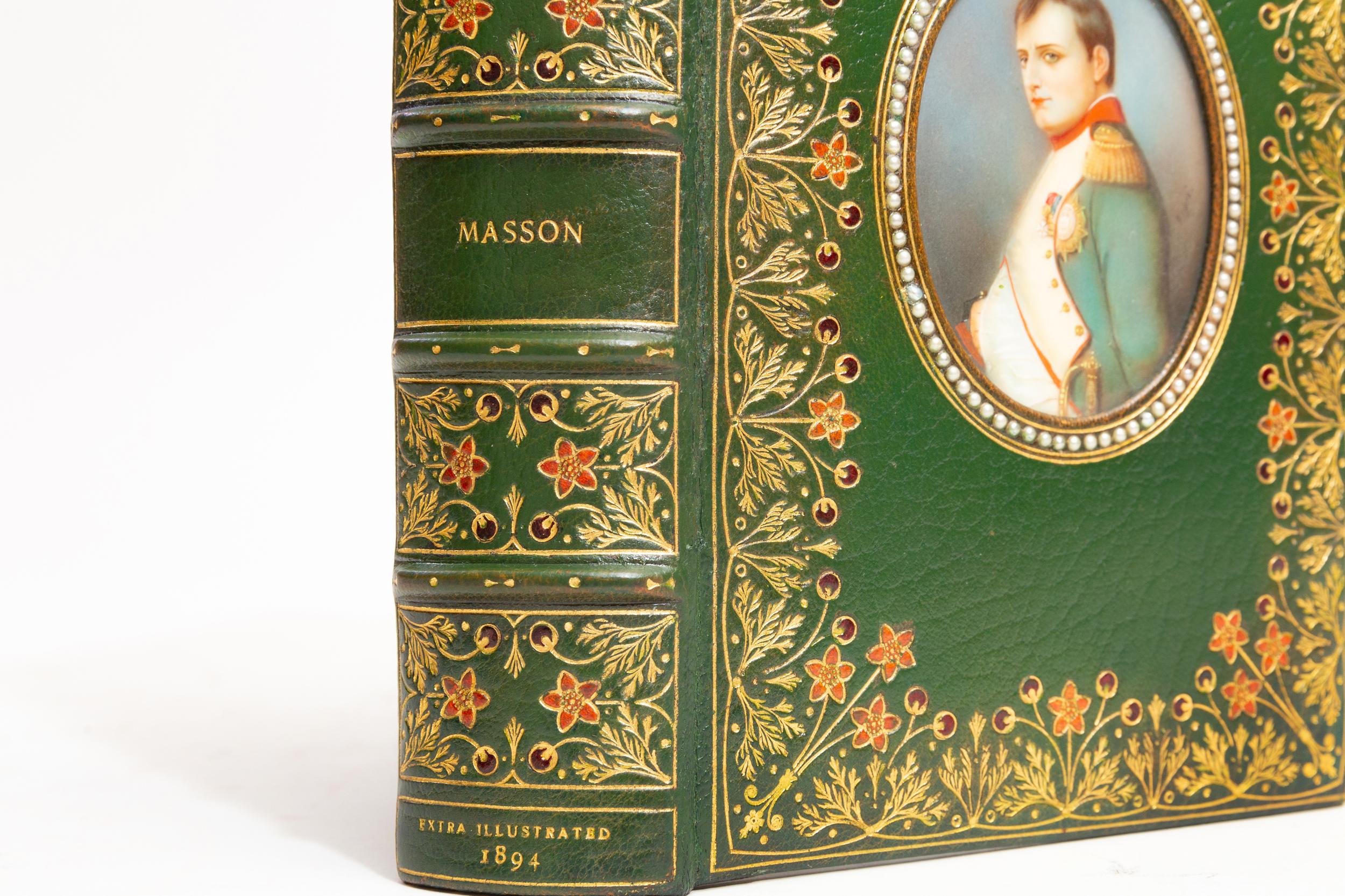 1 Volume. Frederic Masson, Napoleon and the Fair Sex. Bound in full green morocco. Decorative gilt floral tooling on covers. Miniature portrait of Napoleon, surrounded by semi-precious stones on front cover. Raised bands. Gilt floral tooling on