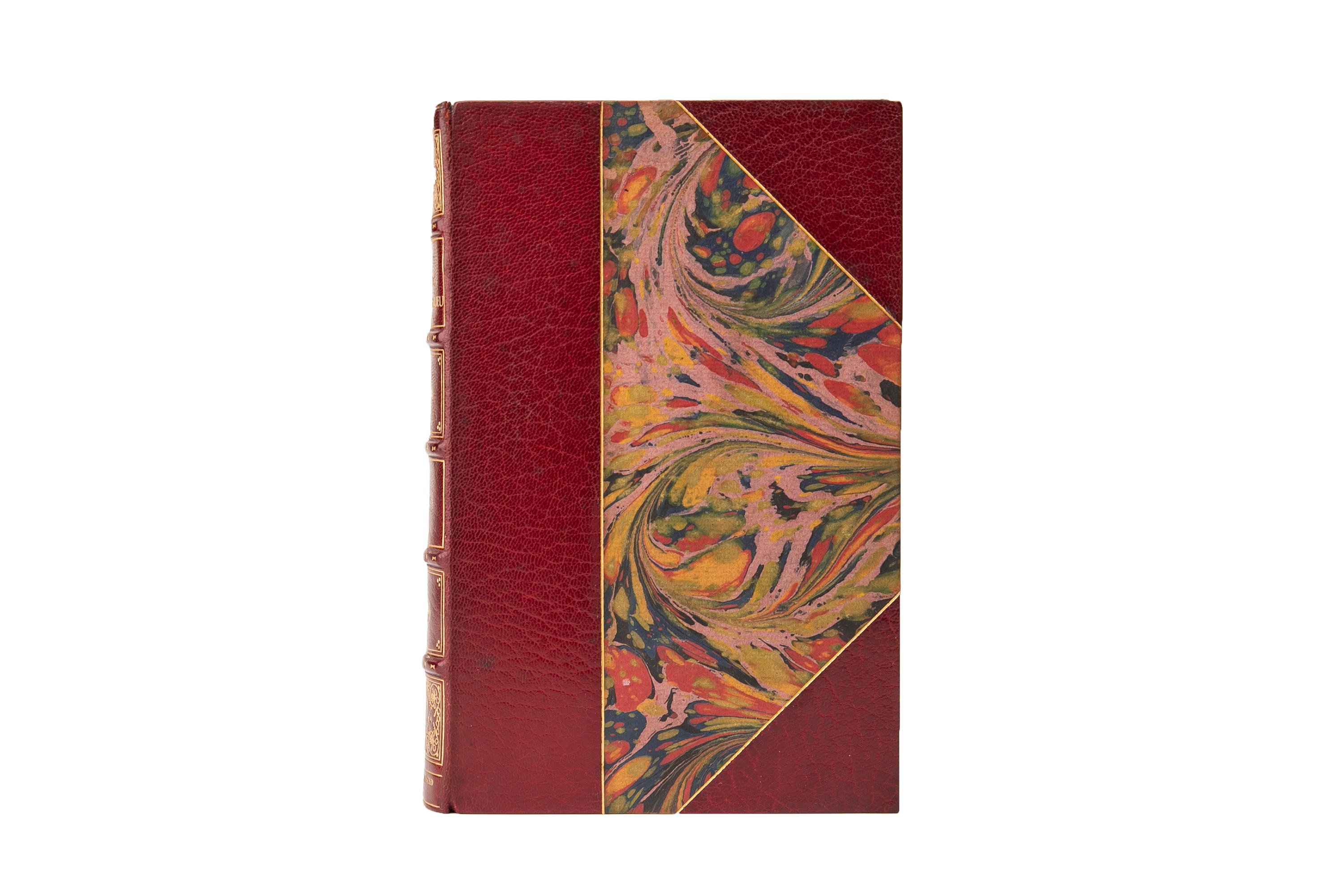 1 Volume. H. Noel Williams, The Fascinating Duc de Richelieu. Bound by Bayntun in 3/4 wine morocco and marbled boards with the covers and raised band spine decorated with gilt-tooling. The top edge is gilt with marbled endpapers. 20 extra plates, 6