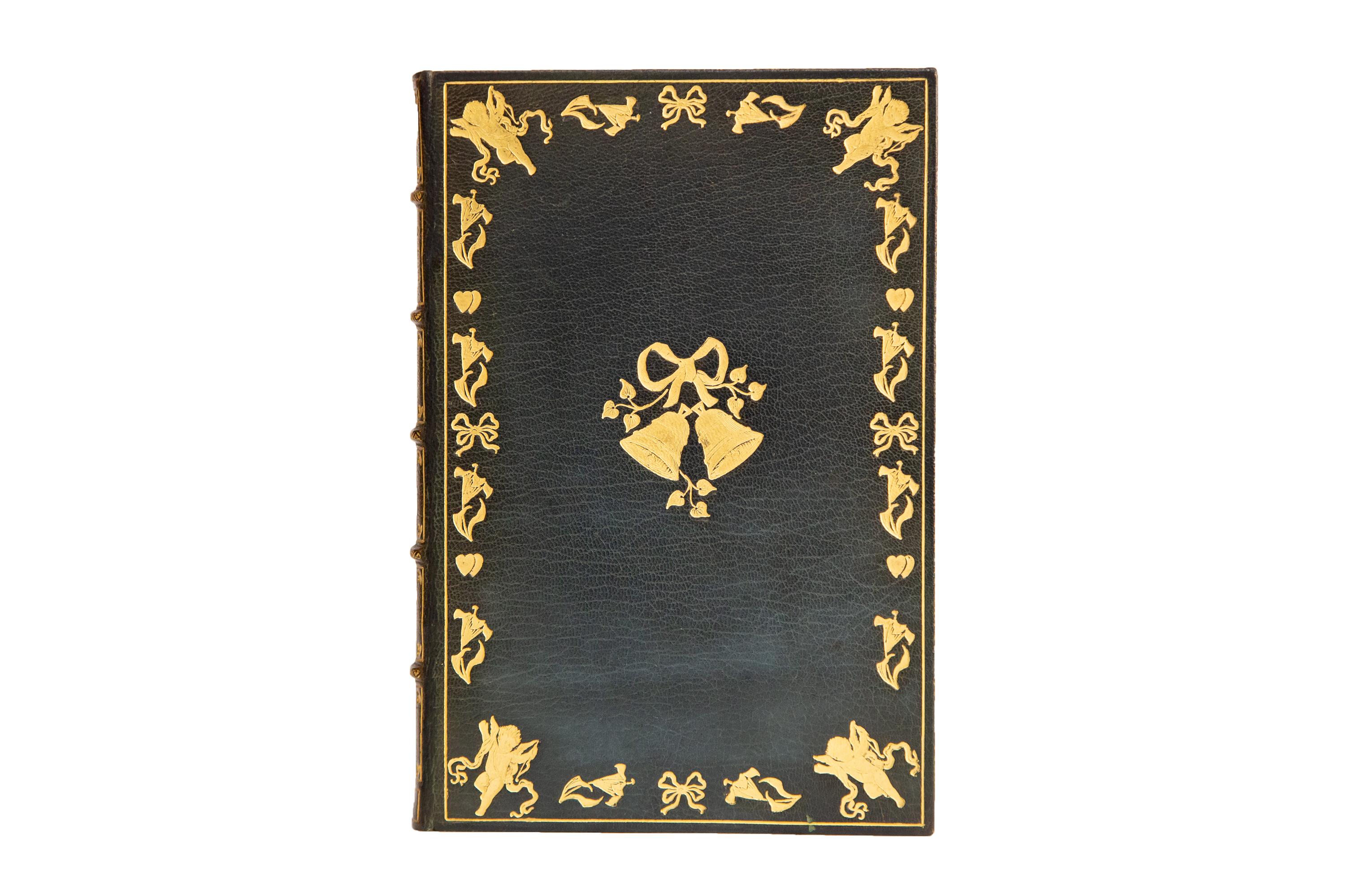 1 Volume. Hannen Foss, And So We Got Married. Bound in full green morocco with the covers displaying all sorts of gilt-tooled marital details including a central large set of wedding bells, depictions of Cupid in each corner, hearts, and flowers.