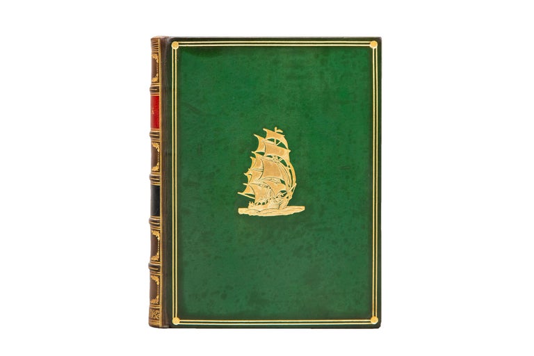 1 Volume. Herman Melville, Moby Dick. First Trade Edition. Bound in full green calf by Riviere & Son. The front cover displays a detailed gilt depiction of a sailboat in water. The inside edges and the borders of the covers display gilt detailing.