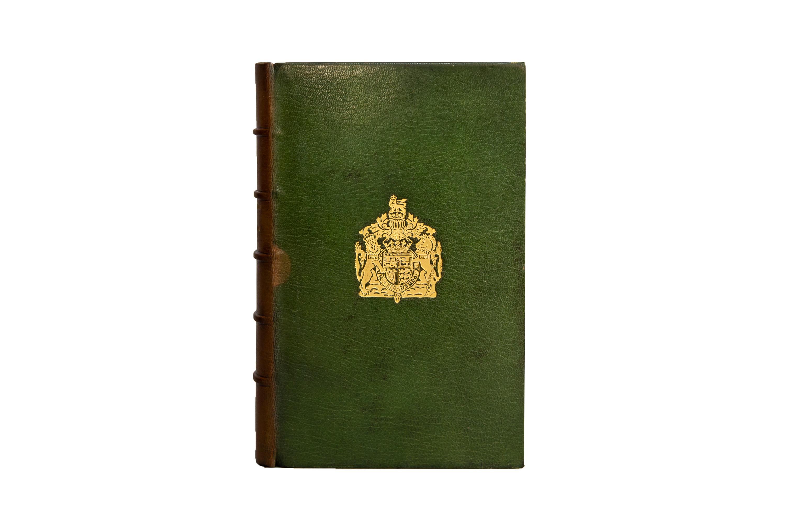 1 Volume. H.R.H. the Duke of Windsor, A King's Story. Signed Limited Edition. Bound in full green morocco with the front cover displaying a royal crest in gilt. Raised band spine with labels displaying lettering in gilt. The top edge is gilt. This