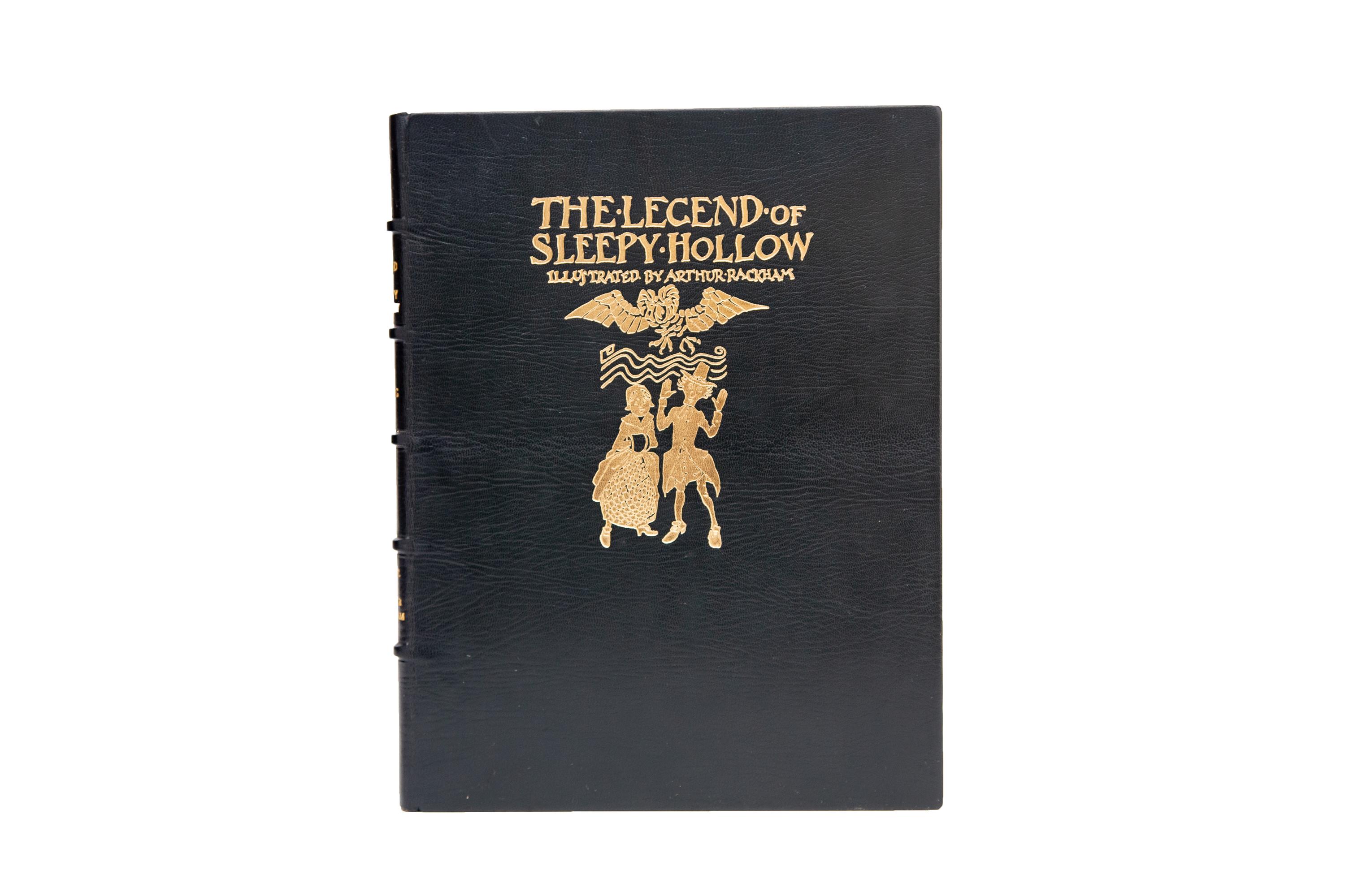1 Volume. Irving Washington, The Legend of Sleepy Hollow. Limited Edition. Bound in full green morocco with the cover displaying the title and character depictions in gilt. the spines display raised bands and gilt-tooled label lettering. The top