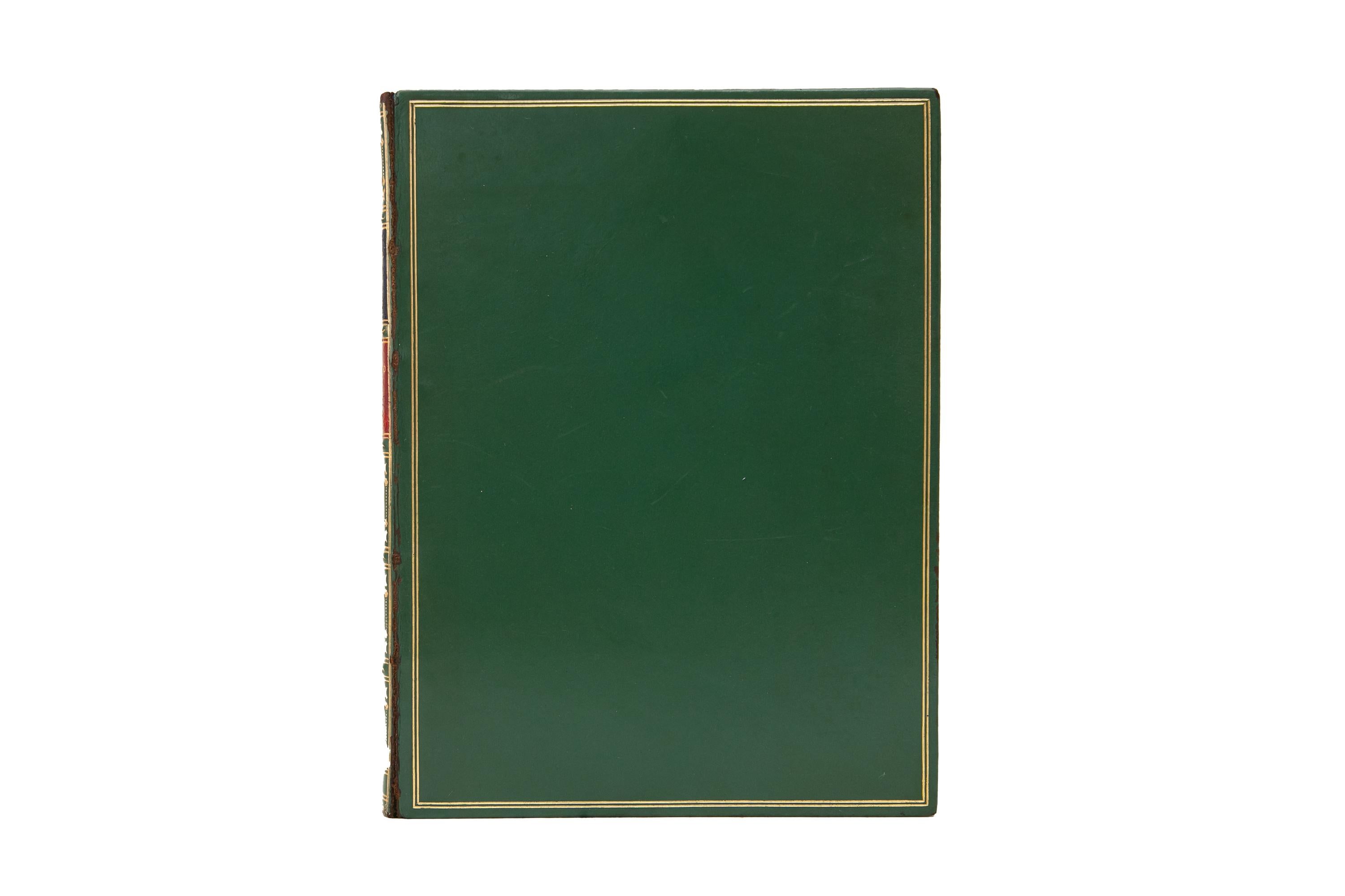 1 Volume. Izaak Walton, The Compleat Angler. First Rackham Trade Edition. Bound by Bayntun in full green calf; covers bordered in gilt-tooling. Raised band spine with gilt-tooled details and red and blue morocco labels. All edges gilt with
