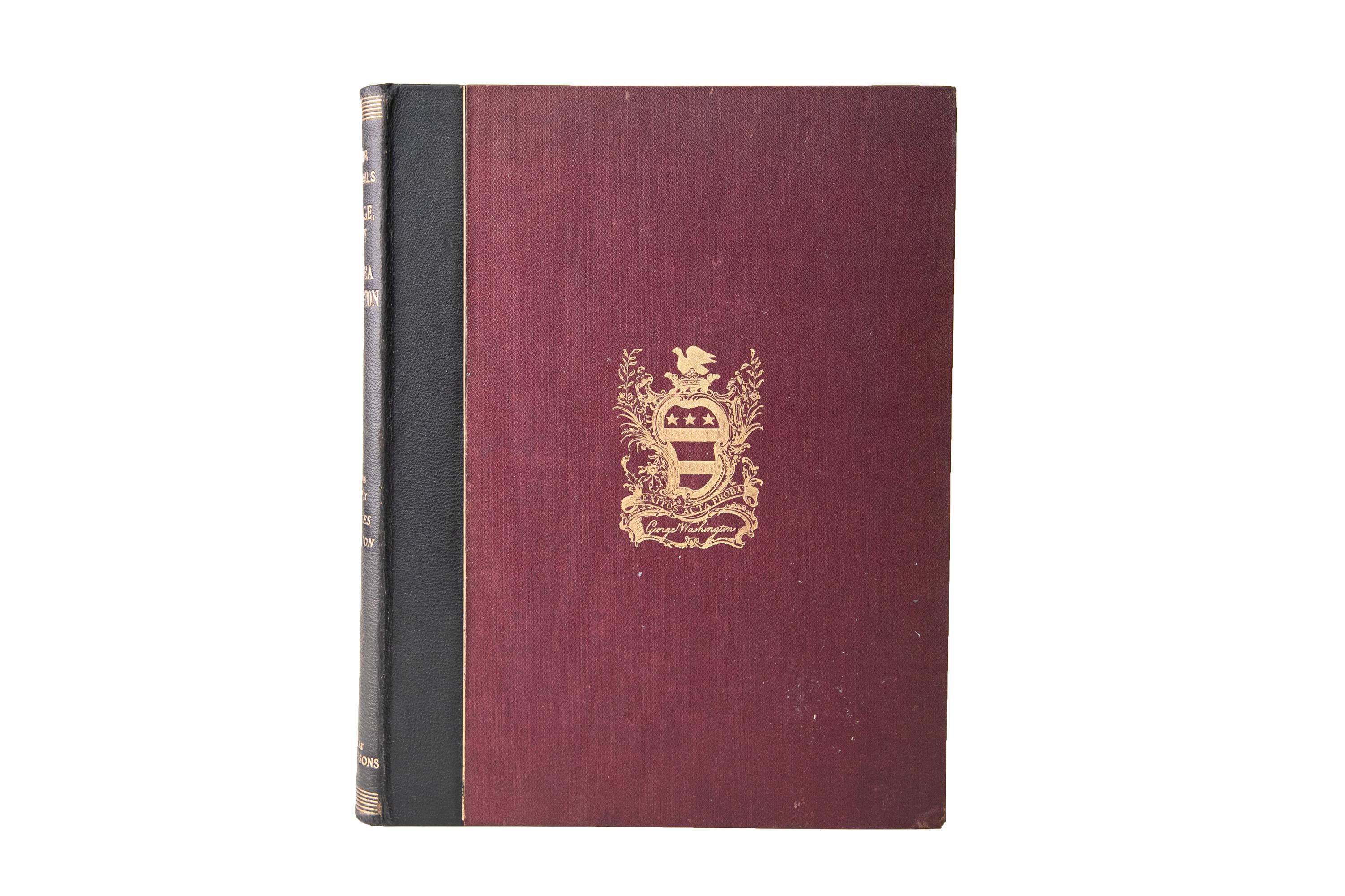 1 Volume. James Walter, Memorials of Washington. Edition de Luxe. Bound in 3/4 green morocco and linen boards with a gilt-tooled crest on the cover. The spines display gilt-tooled lettering. The top edge is gilded. Illustrated with portraits of