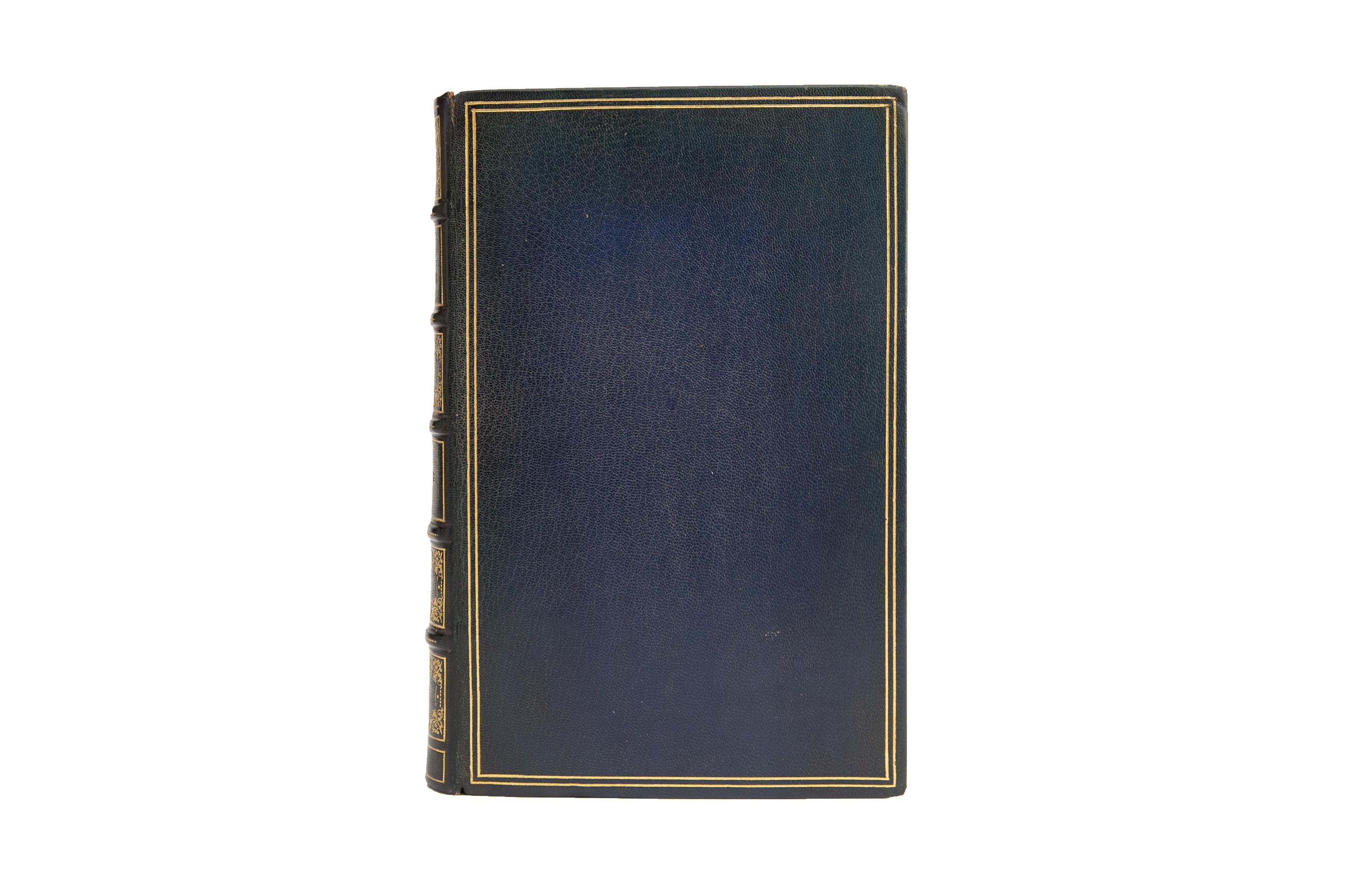 1 Volume. John Bartlett, Familiar Quotations. Centennial Edition. Bound in full blue morocco with covers double-ruled in gilt tooling. Raised bands gilt with panels displaying ornate gilt detailing and label lettering. The top edge is gilt with gilt