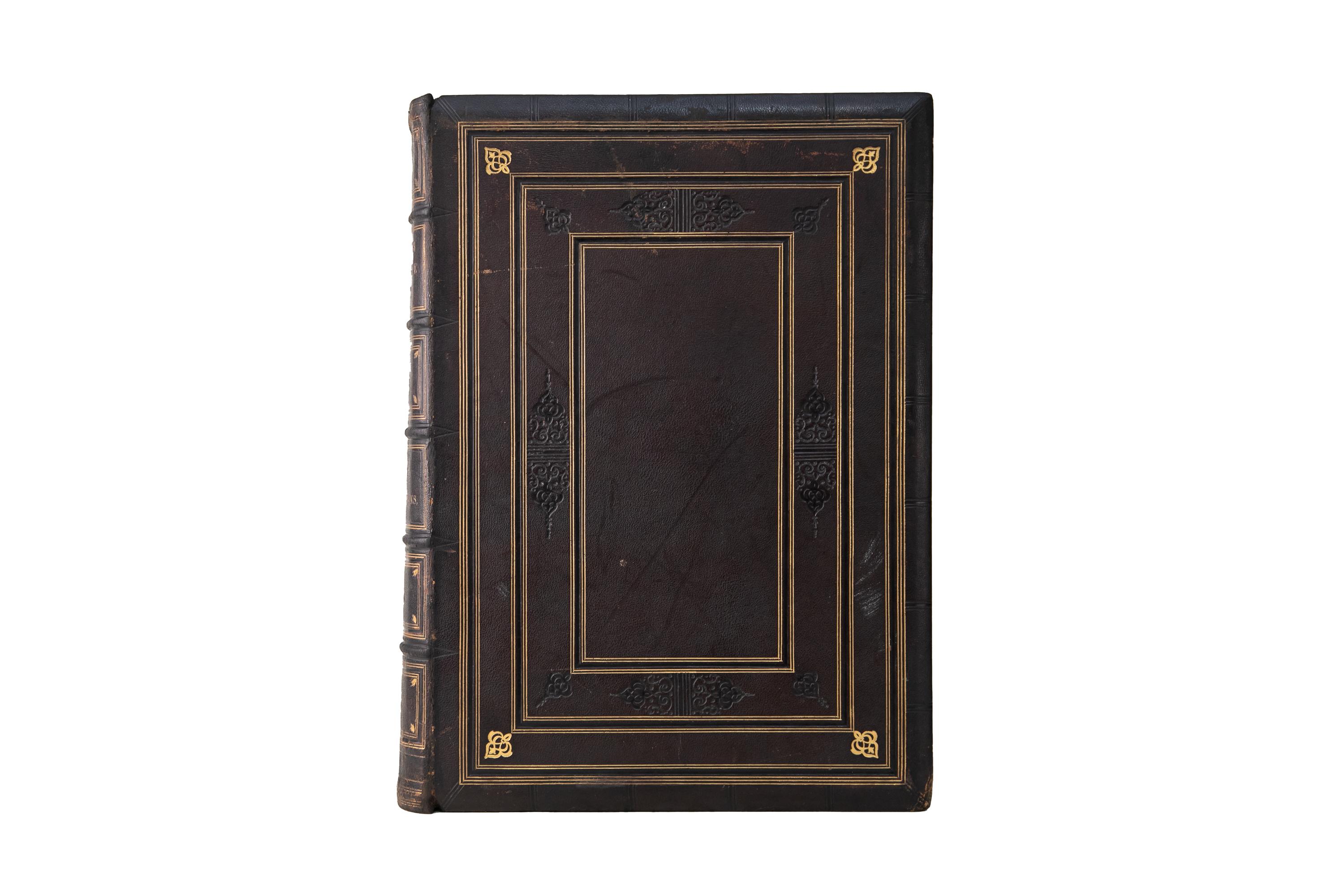 1 Volume. John Milton, Paradise Lost. Bound in full black morocco with the covers and raised band spines displaying gilt and open-tooled detailing. All edges are gilt with gilt-tooled tern-ns and marbled endpapers. Illustrated by Gustave Doré. With