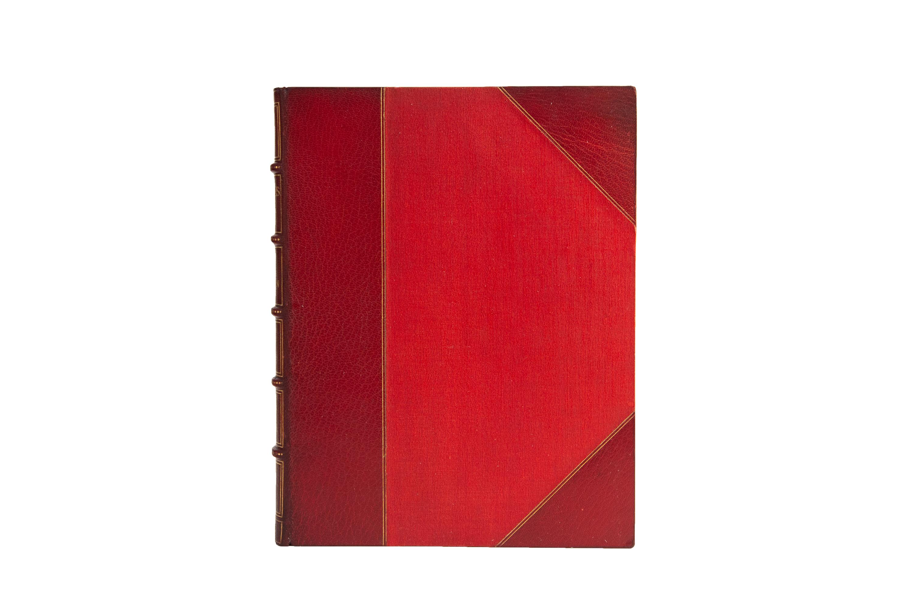 1 Volume. John Skelton, Mary Stuart. Second Limited Edition. Bound by Riviere & Son in 3/4 red morocco and linen boards, bordered in gilt tooling. Raised bands, dotted in gilt tooling with panels displaying borders, royal detailing, and label