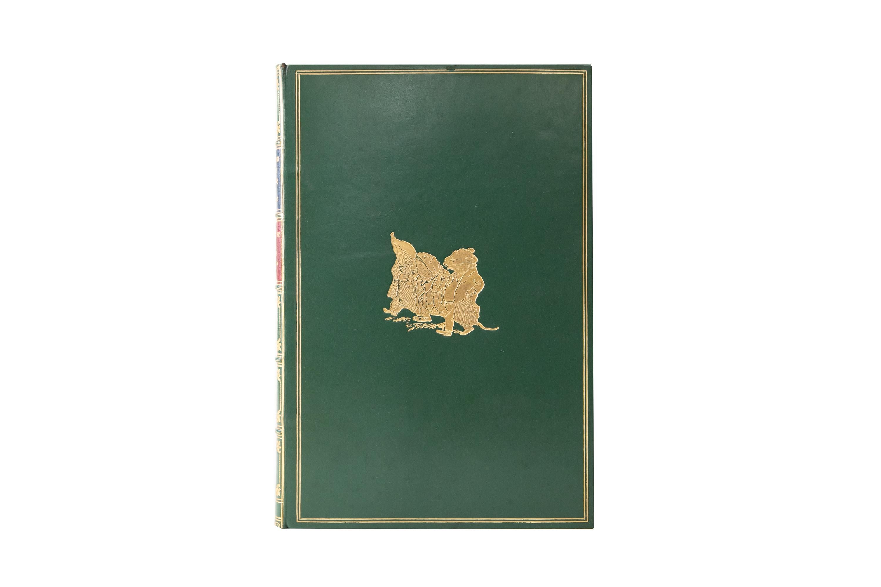 1 Volume. Kenneth Grahame, The Wind in the Willows. Bound by Charles E. Lauriat in full green calf with the cover displaying a double-ruled border and depictions of characters centrally, both gilt-tooled. The spine displays raised bands, bordering,
