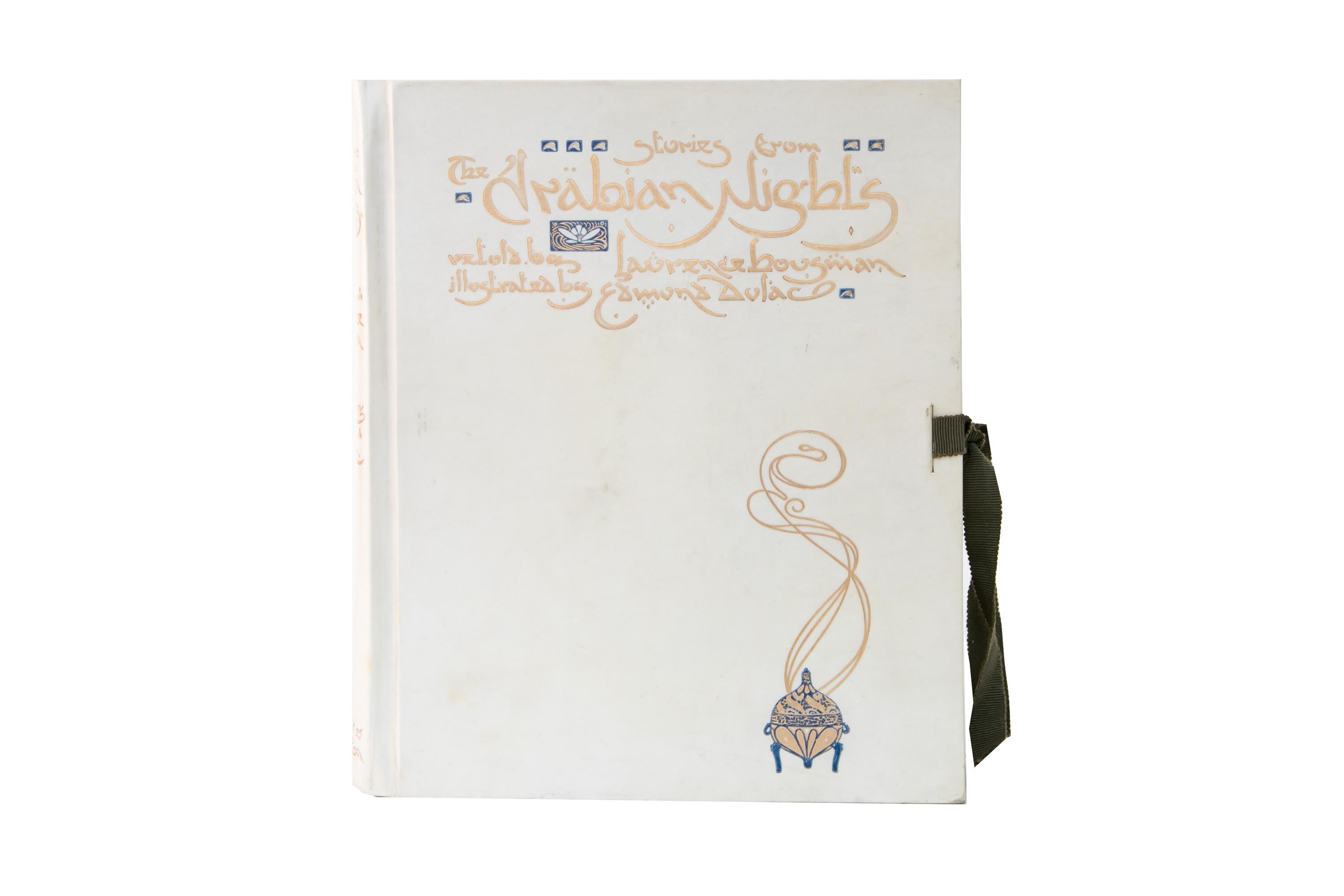 1 Volume. Laurence Housman, Arabian Nights. Limited Edition. Bound in full vellum with the covers and spines displaying gilded and blue titles and decorative details. The top edge is gilded and there is a linen tie attached to the covers. This