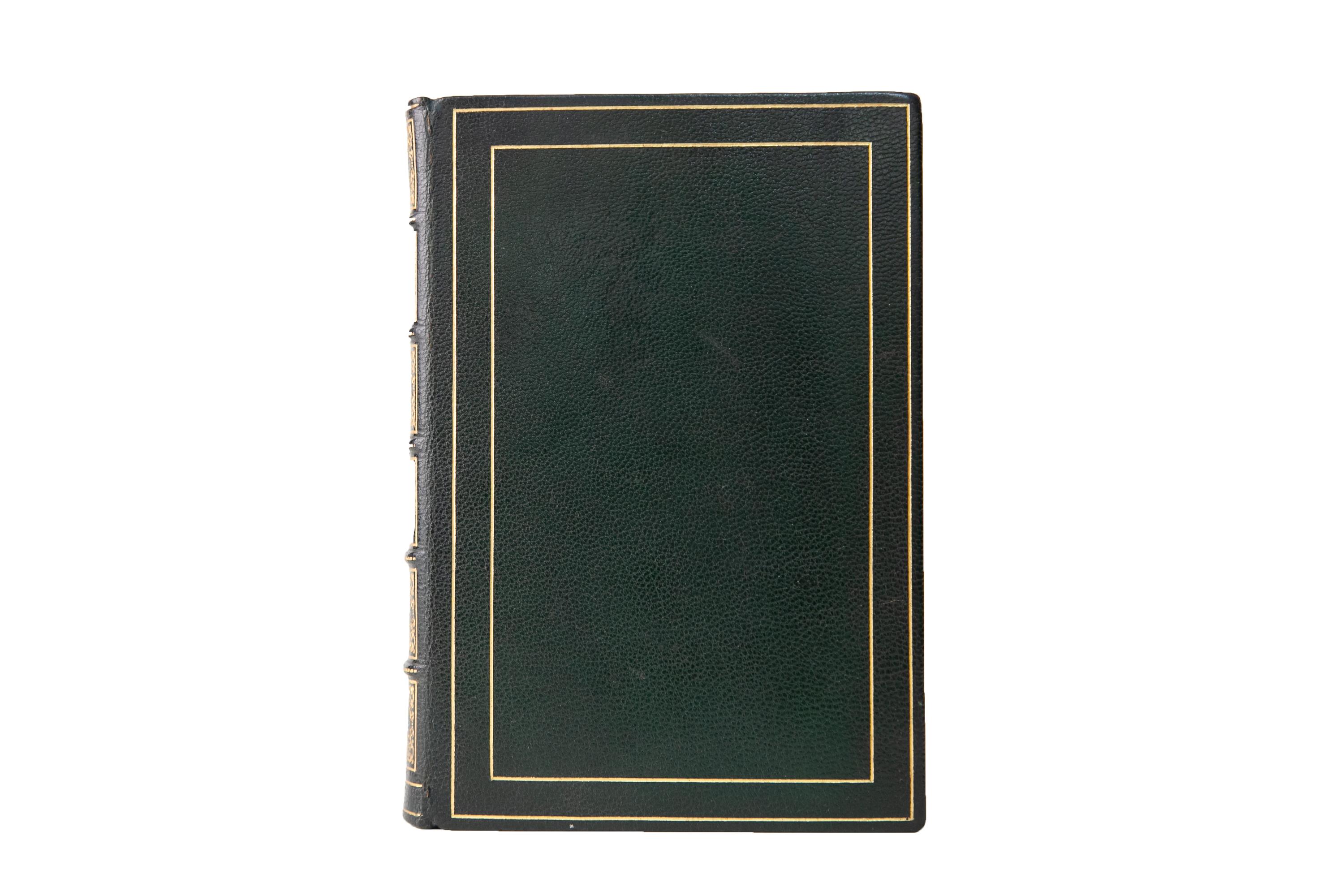 1 Volume. Leo Tolstoy, Anna Karenina. Bound in full green Morocco with the covers displaying a gilt-tooled border. The spines display raised bands, floral panel details, bordering, and label lettering, all gilt-tooled. The top edge is gilded with