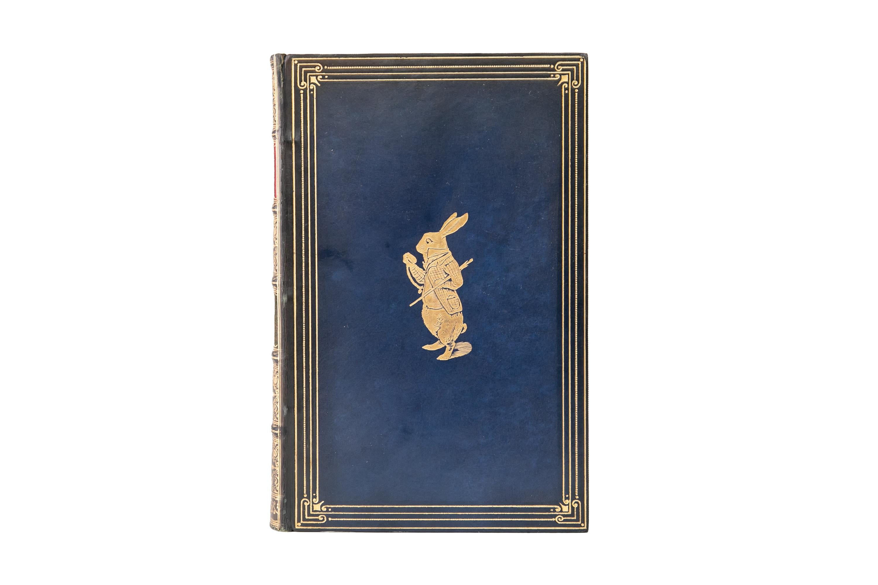 1 Volume. Lewis Carroll, Alice's Adventures in Wonderland and Through the Looking Glass. Bound by Riviere in full blue calf. Gilt-tooled detailing on the covers and raised vand spine (faded to green) with red and green morocco labels. All edges gilt