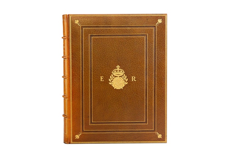 1 Volume. Mandell Creighton. Queen Elizabeth. Bound in full tan morocco by Zaehnsdorf for William Brown, raised bands, gilt panels, the Royal Crest on the boards, gilt dentelles, top edges gilt, hand-colored portrait frontispiece,
monochrome and