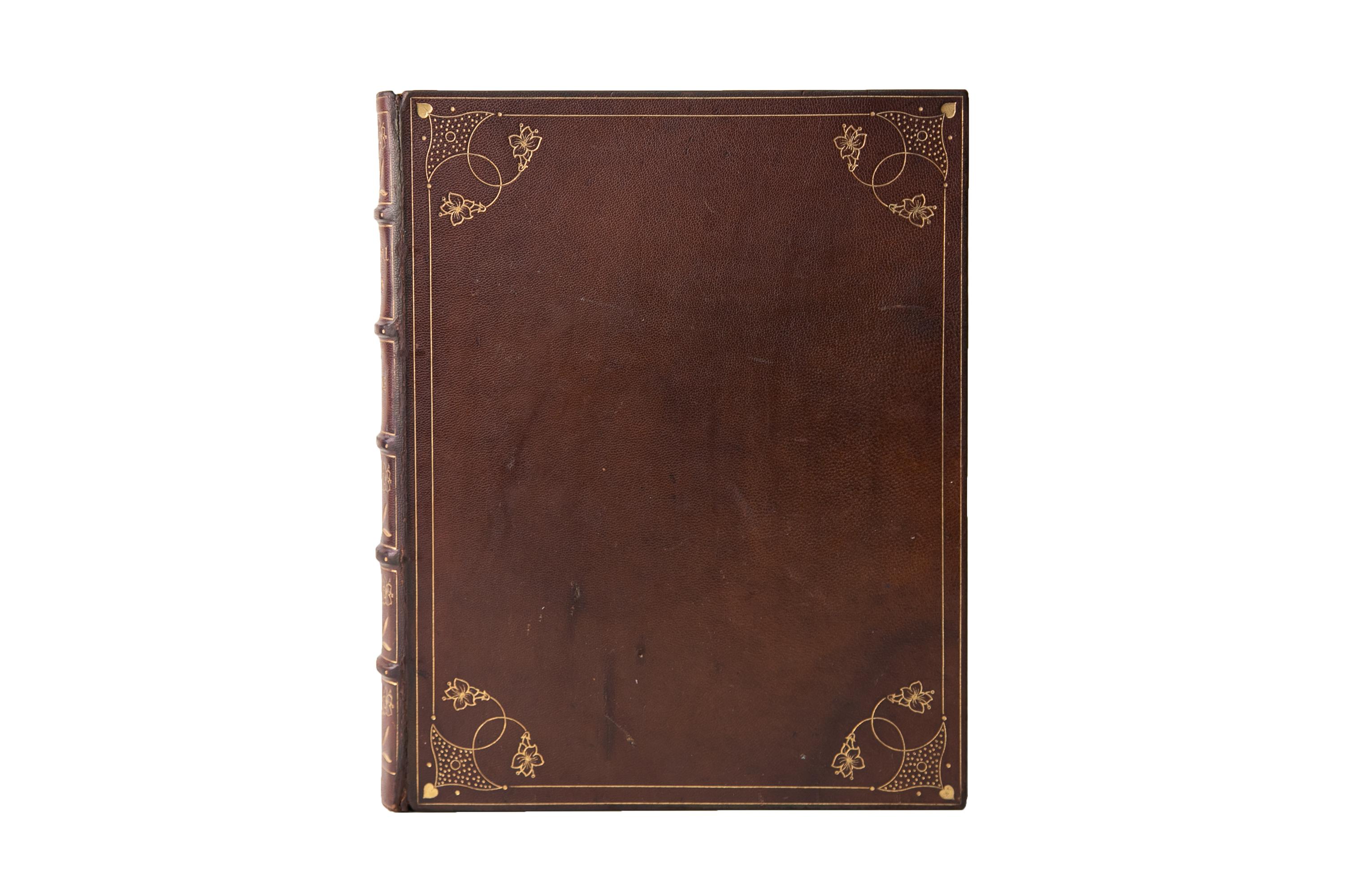 1 Volume. Mrs. Steuart Erskine, Beautiful Women in History and Art. Bound in full brown morocco with boards displaying gilt corner and border detailing Raised bands with panels displaying floral detailing and label lettering in gilt. The top edge is