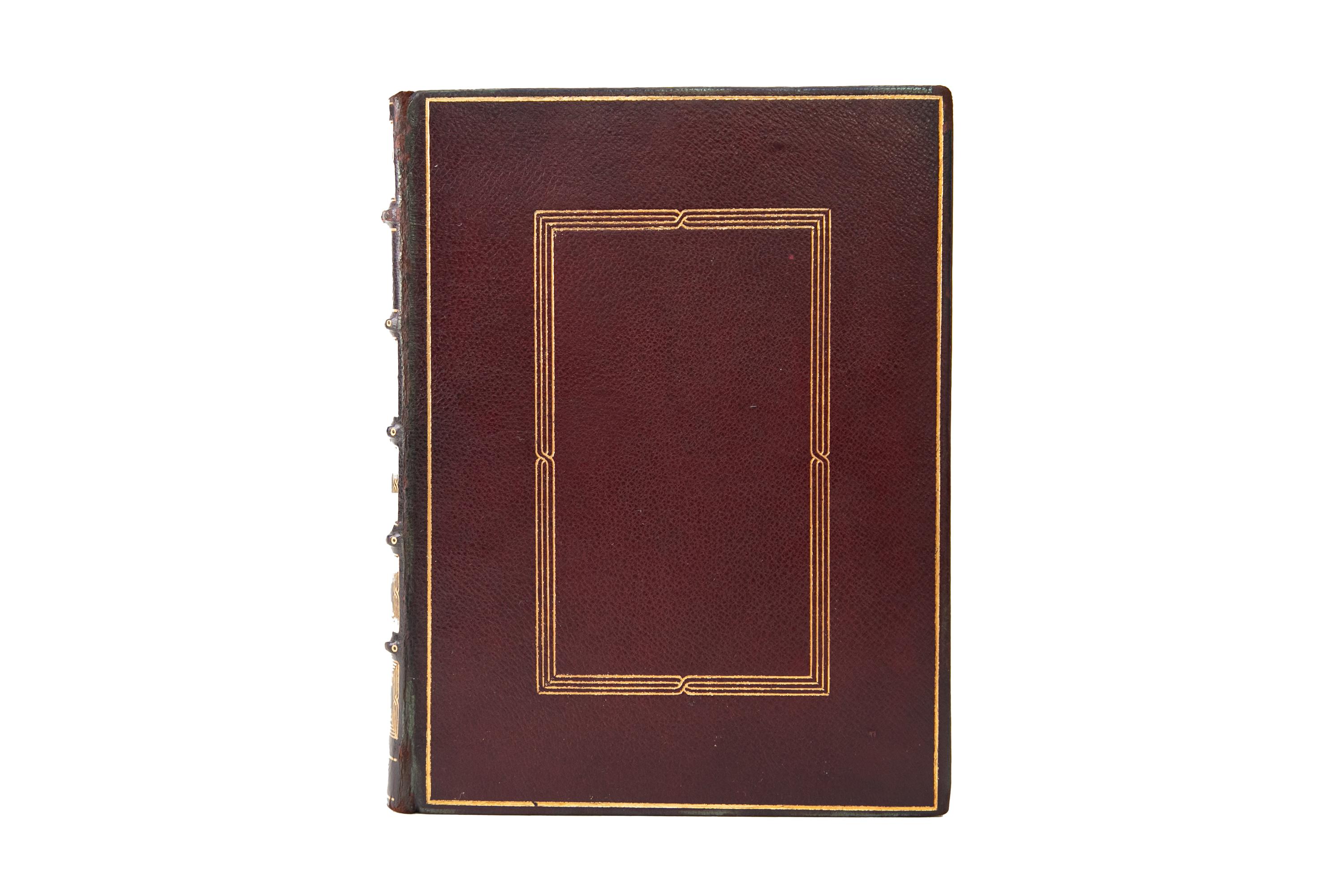 1 Volume. Percy Bysshe Shelley, Dramatic Poems. Bound in full wine morocco with the covers displaying a gilt-tooled border. Raised band spine with gilt-tooled detailing. Top edge gilt, gilt-tooled doublures, and marbled endpapers. Arranged in