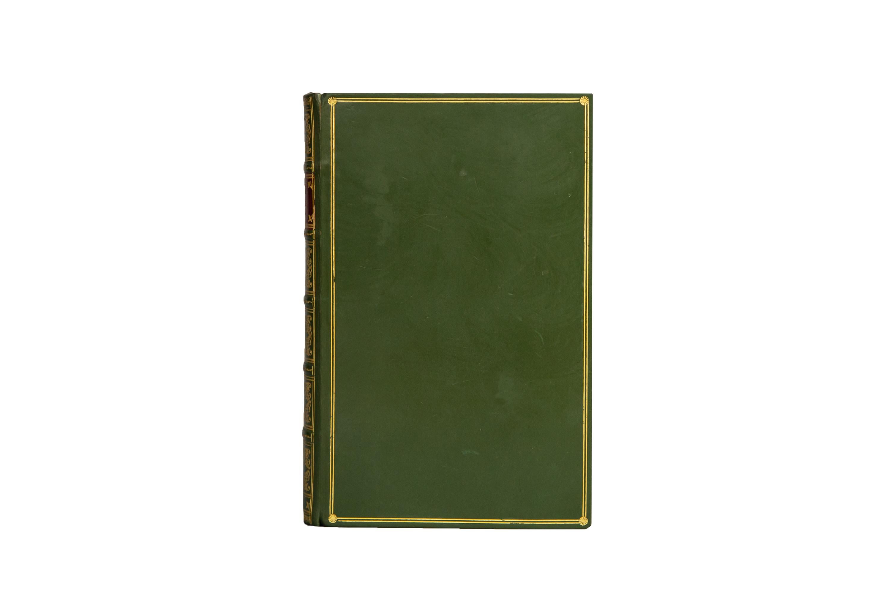 1 Volume. Percy Shelley, Shelley's Poetical Works. Bound in full green calf with gilt borders on the covers. Raised band spine with panels displaying ornate floral gilt detailing and a label in red with gilt lettering. All edges are gilt with