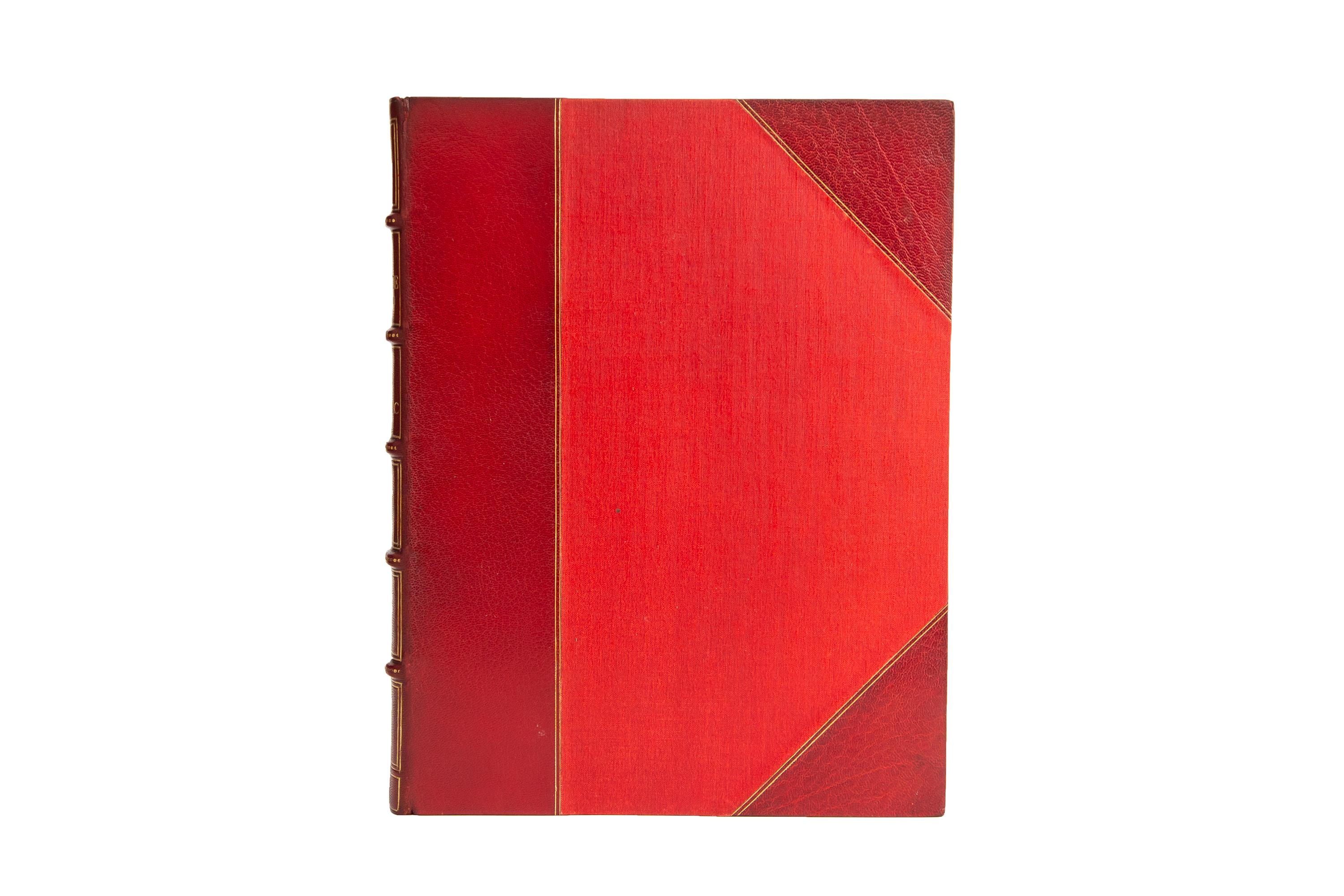 1 Volume. Pierre de Nolhac, Marie Antoinette. Bound by Riviere & Son in 3/4 red morocco and linen boards, double-bordered in gilt tooling. Raised bands, dotted in gilt tooling with panels displaying borders, fleurs de lis details, and label