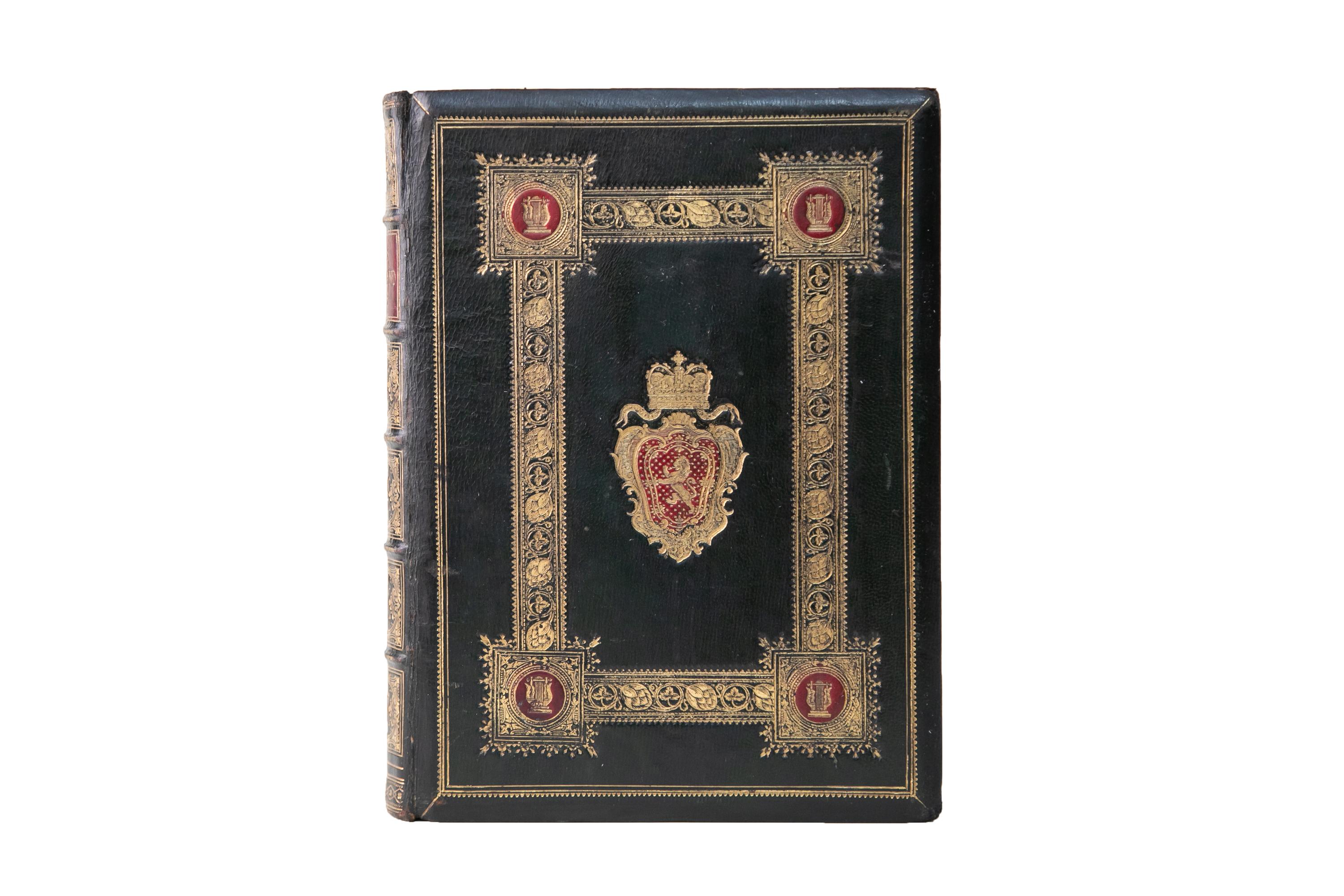 1 Volume. Robert Burns, Poems and Songs. Bound in full green morocco with the covers displaying ornate gilt-tooled and red inlaid details forming floral borders, corner illustrations, and a central crest. The spines display raised bands, panel