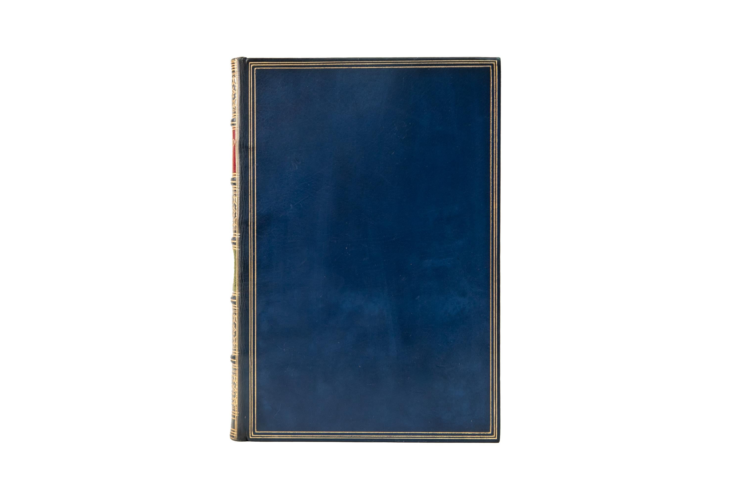 1 Volume. Robert Frost, Collected Poems. Bound by Riviere & Son in full blue calf with a gilt-tooled border on the cover. Raised band spine with gilt-tooled detailing and red and green morocco labels. All edges gilt, gilt-tooled dentelles, and