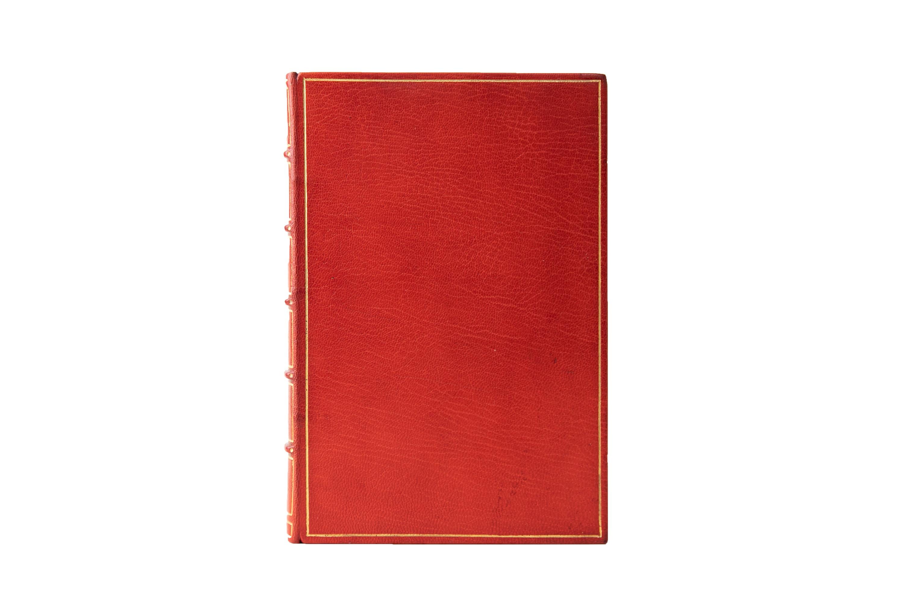 1 Volume. Robert Frost, The Complete Poems. Bound by Bayntun in full red morocco with the covers displaying a gilt-tooled border. The spines display raised bands, bordering, and label lettering, all gilt-tooled. All of the edges are gilded with