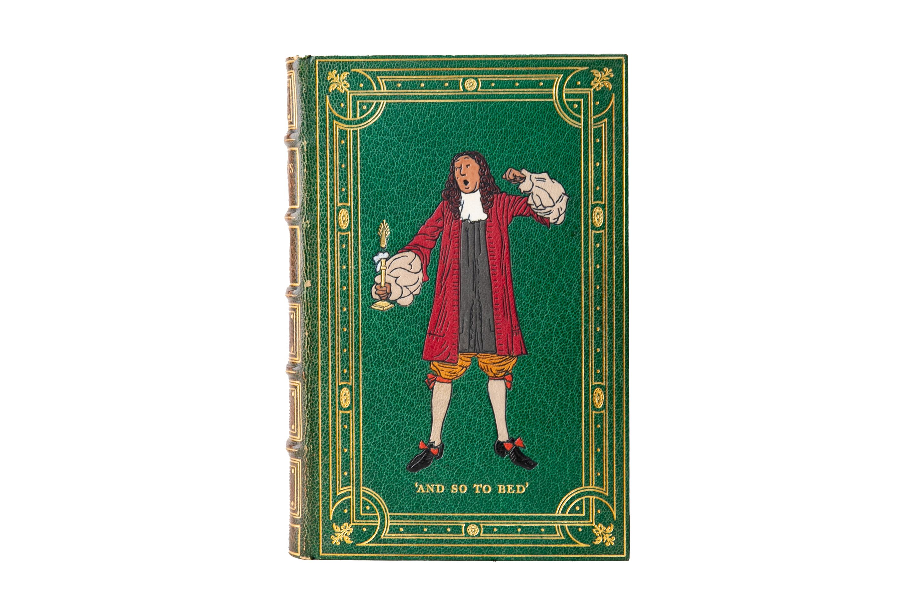 1 Volume. Samuel Pepys, Diary 1660-1669. Bound by Riviere & Son in full green morocco with gilt-tooled detailing on the covers and raised band spine. The cover also displays a multi-color inlay figure. All edges gilt with gilt-tooled dentelles and