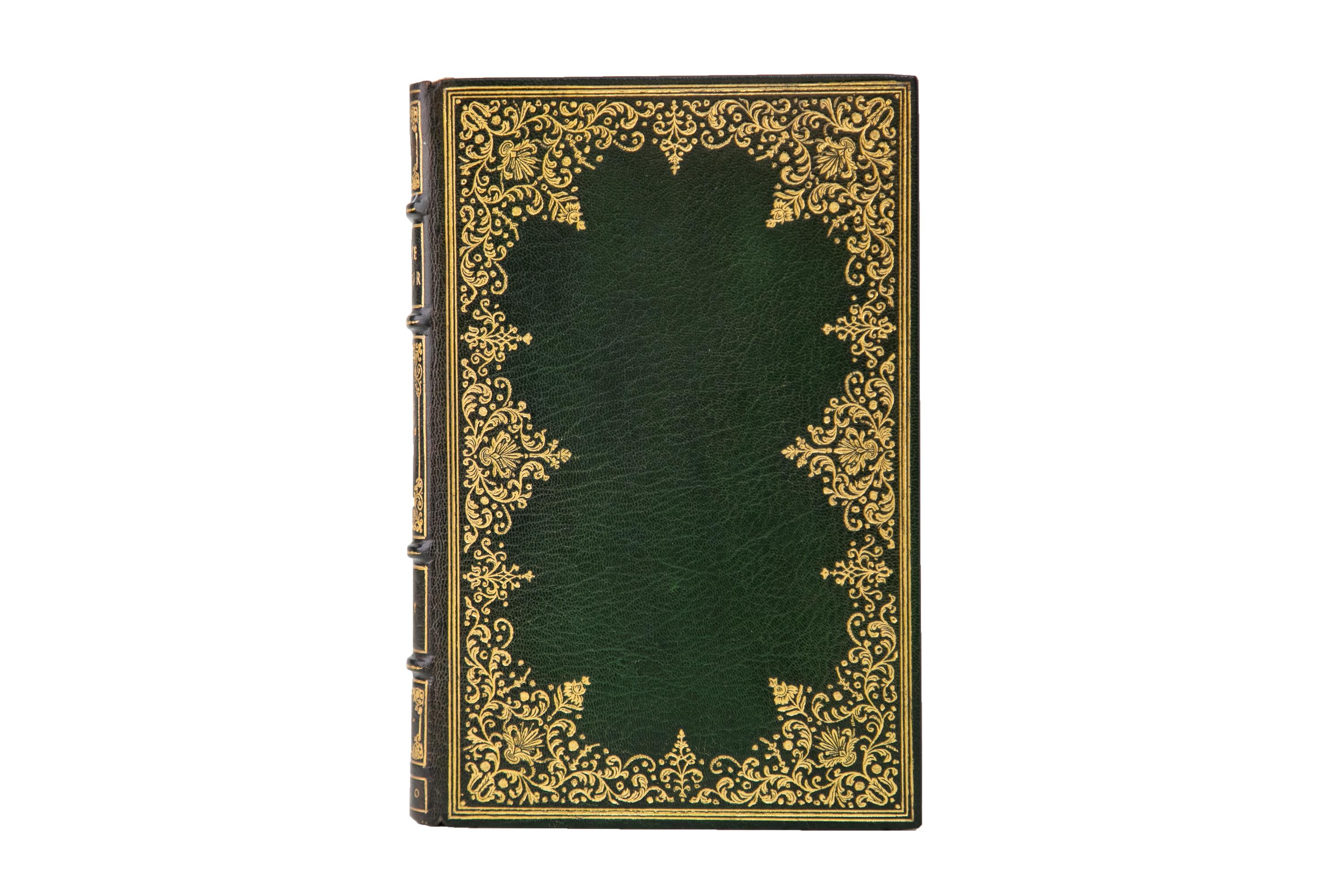 1 Volume. Sir Thomas Mallory, Le Morte D'Arthur. Bound by Stikeman in full green morocco with the cover displaying ornate gilt-tooled floral bordering. The spine displays raised bands, royal panel detailing, and label lettering, all gilt-tooled. The