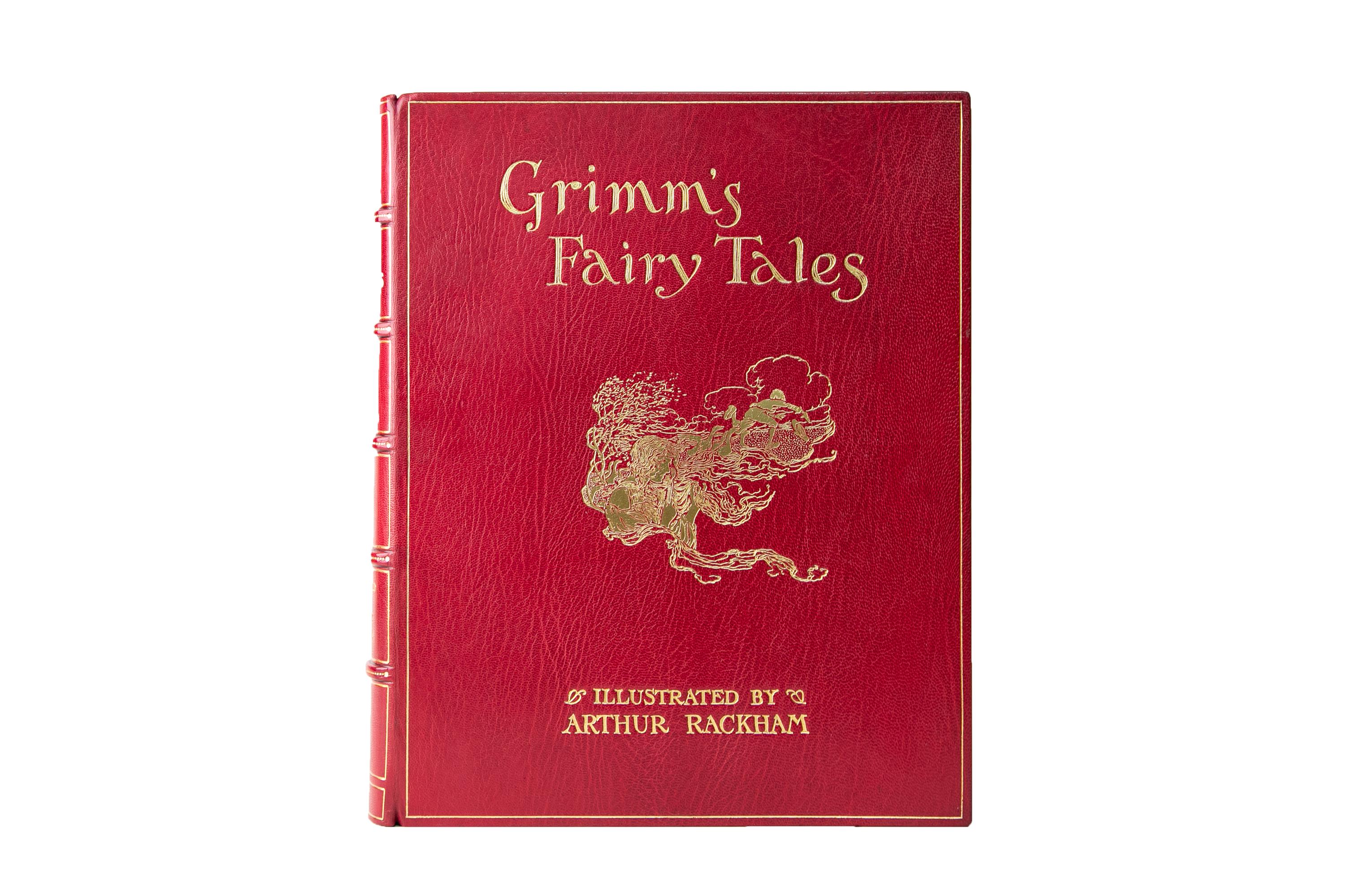 1 Volume. The Grimm Brothers, Grimm's Fairy Tales. Signed Limited Edition. Bound by The Chelsea Bindery in full red morocco. The cover displays borders, central imagery, and title lettering, all gilt-tooled. The spines display raised bands,
