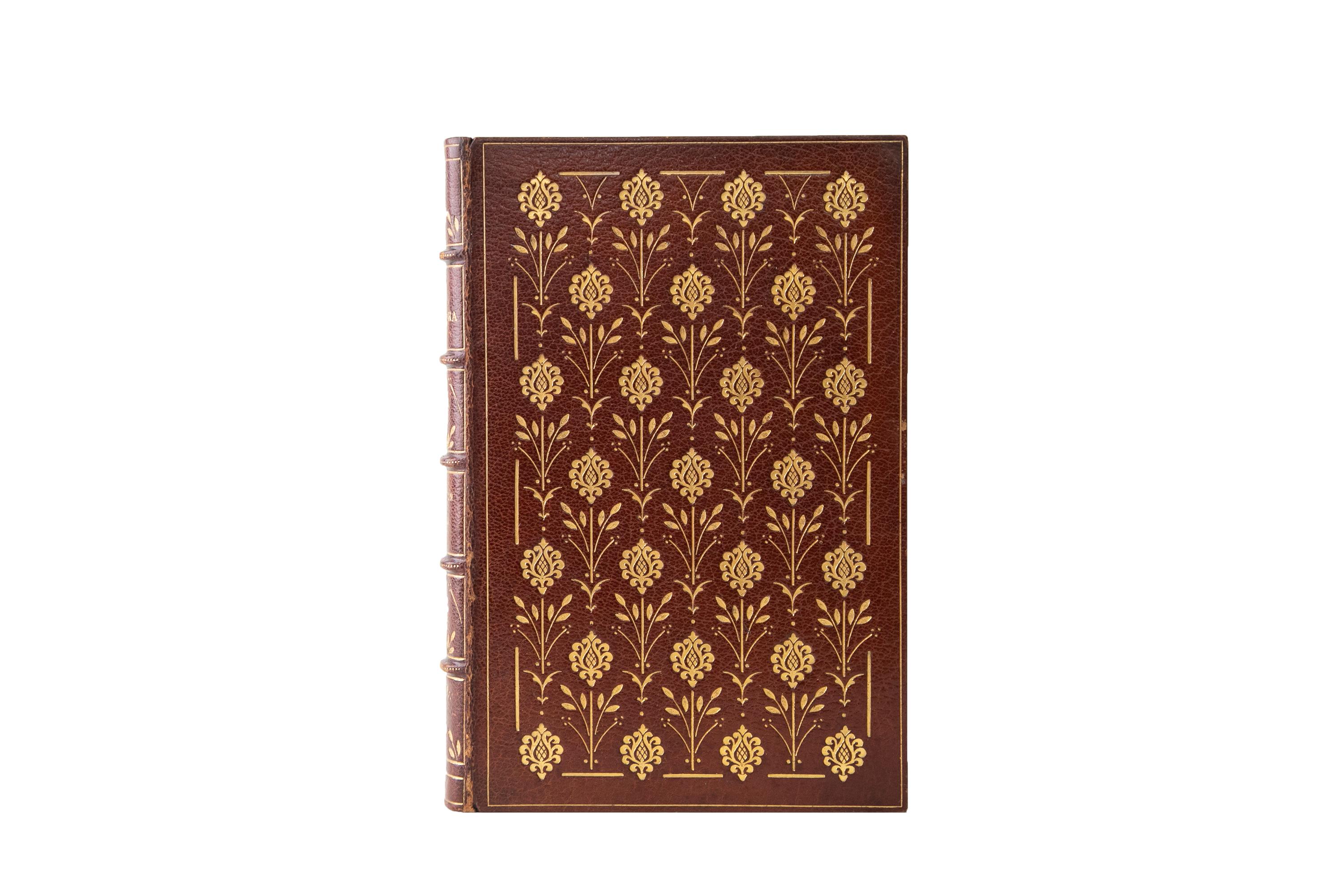 1 Volume. Washington Irving, The Alhambra. Bound by Zaehnsdorf in full brown morocco with the covers displaying expansive floral gilt-tooling. The spines display raised bands, bordering, floral panel details, and label lettering, all gilt-tooled.
