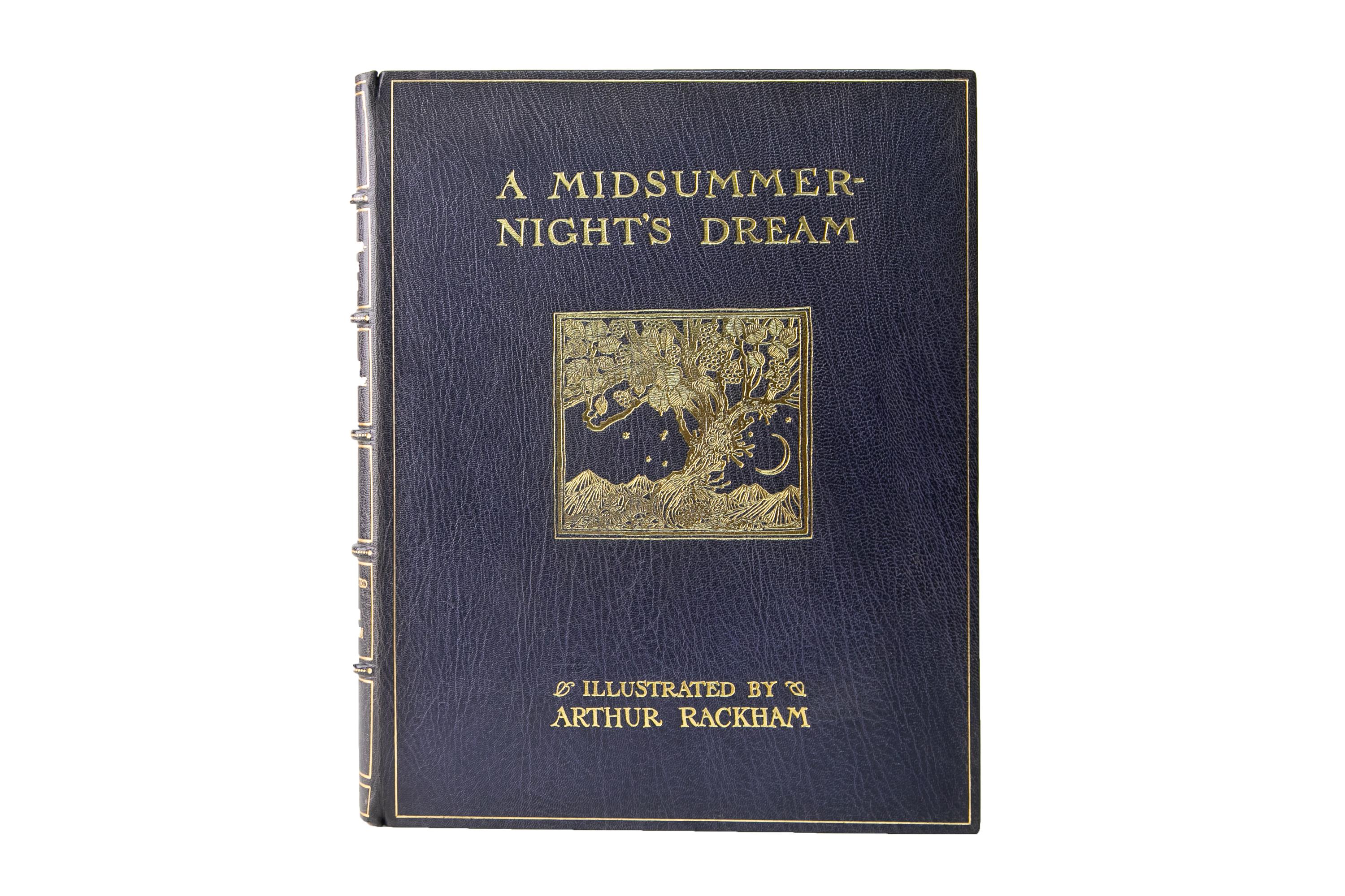 1 Volume. William Shakespeare, A Midsummer Night's Dream. Limited Edition. Bound by Chelsea Bindery in full blue Morocco with the cover displaying borders, titles, and a central depiction of a scene with a tree, all gilt-tooled. The top edge is