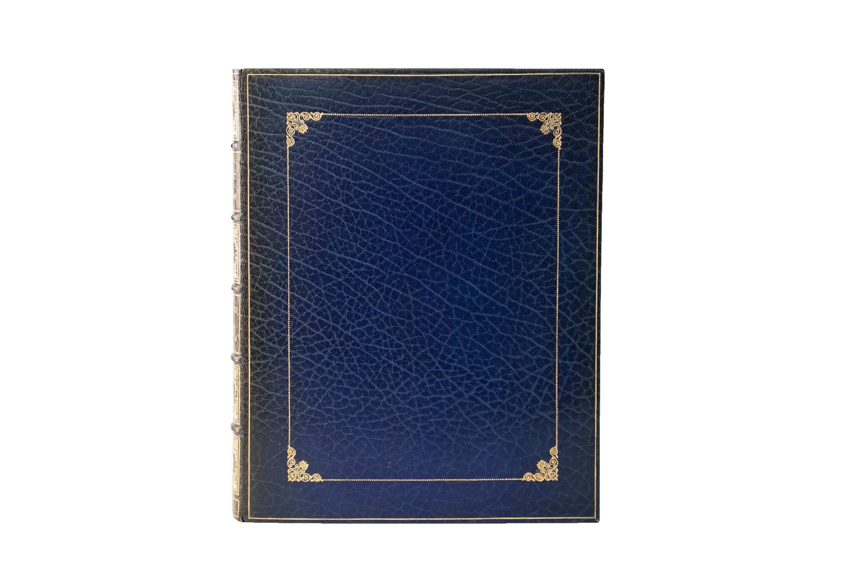 1 Volume. William Shakespeare, The Tempest. Limited Edition. Bound and signed by Bayntun Riviere in full blue morocco with the covers displaying gilt-tooled bordering with floral corner flourishes. The spines are faded to green and display raised
