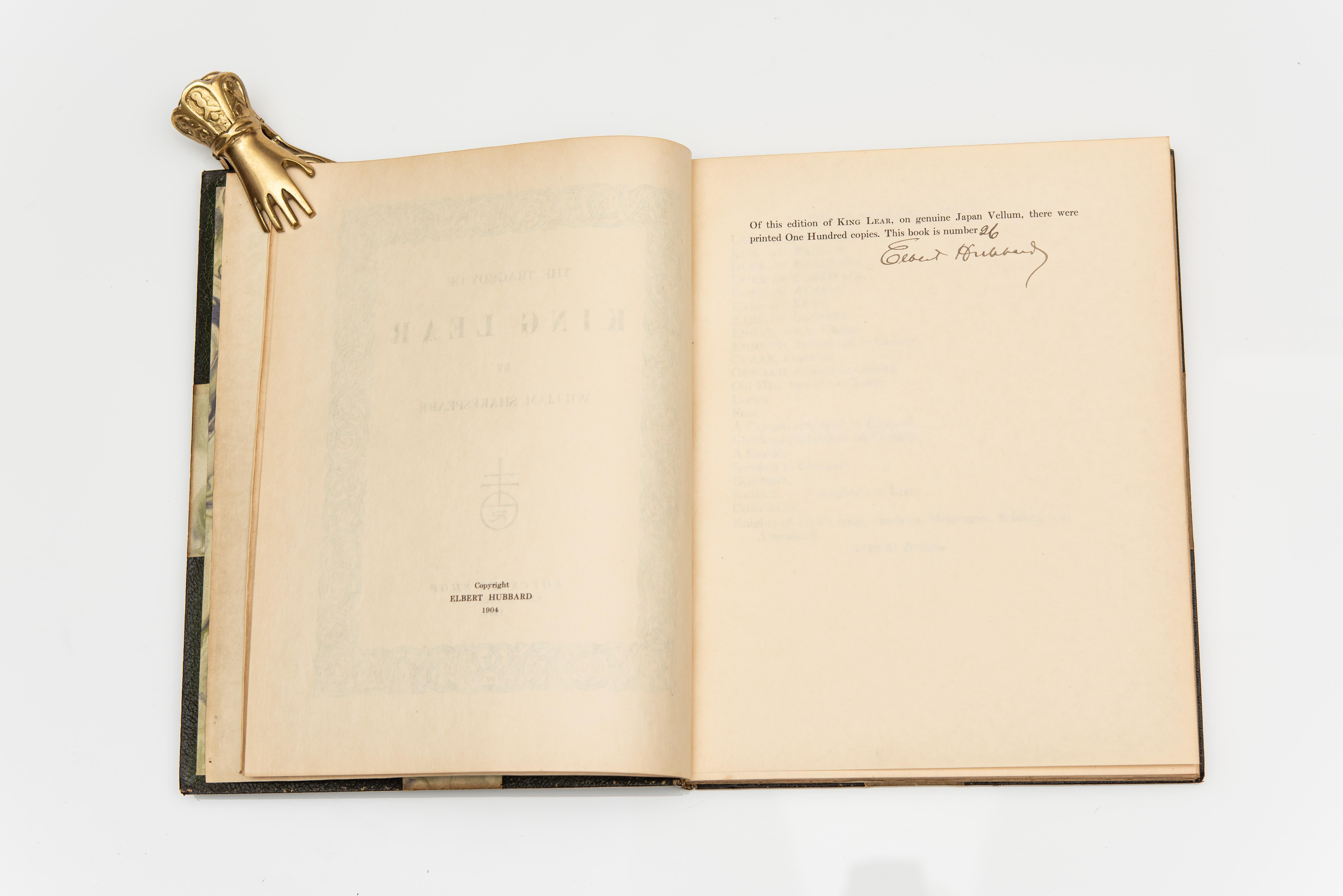 1 Volume. William Shakespeare. The Tragedy of King Lear. Printed on Japan Vellum, limited to 100 copies, this is #26, Signed by Elbert Hubbard.
Bound in 3/4 green morocco, marbled boards, top edges gilt, raised bands, marbled endpapers. Published: