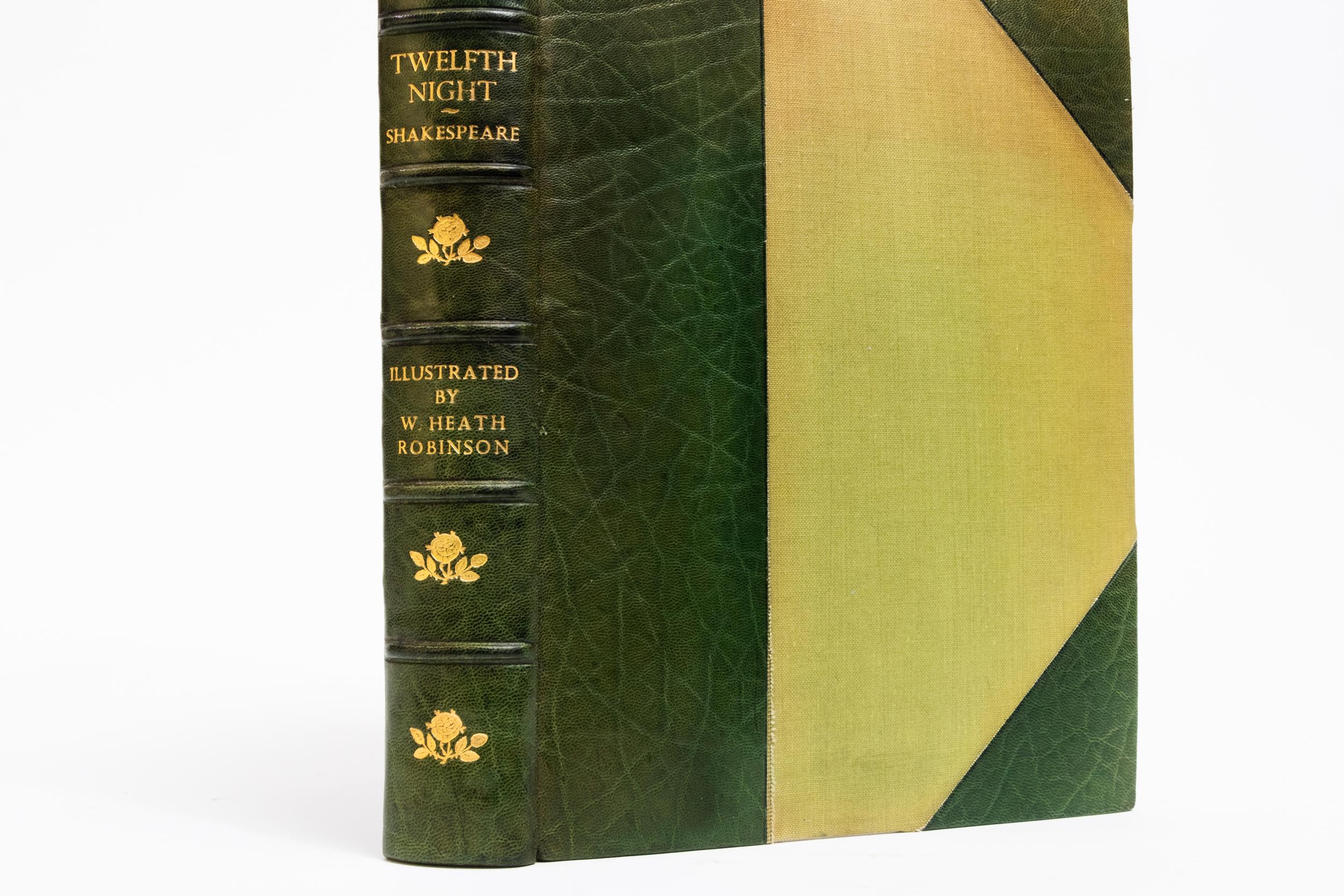 1 Volume. William Shakespeare, Twelfth Night. Bound in green morocco. Linen boards. Top edges gilt. Raised bands. Cork endpapers. Floral gilt symbols on spines. Bound by Heath Bayntun. Illustrated. Published: London; Hodder & Stoughton Publishers.
