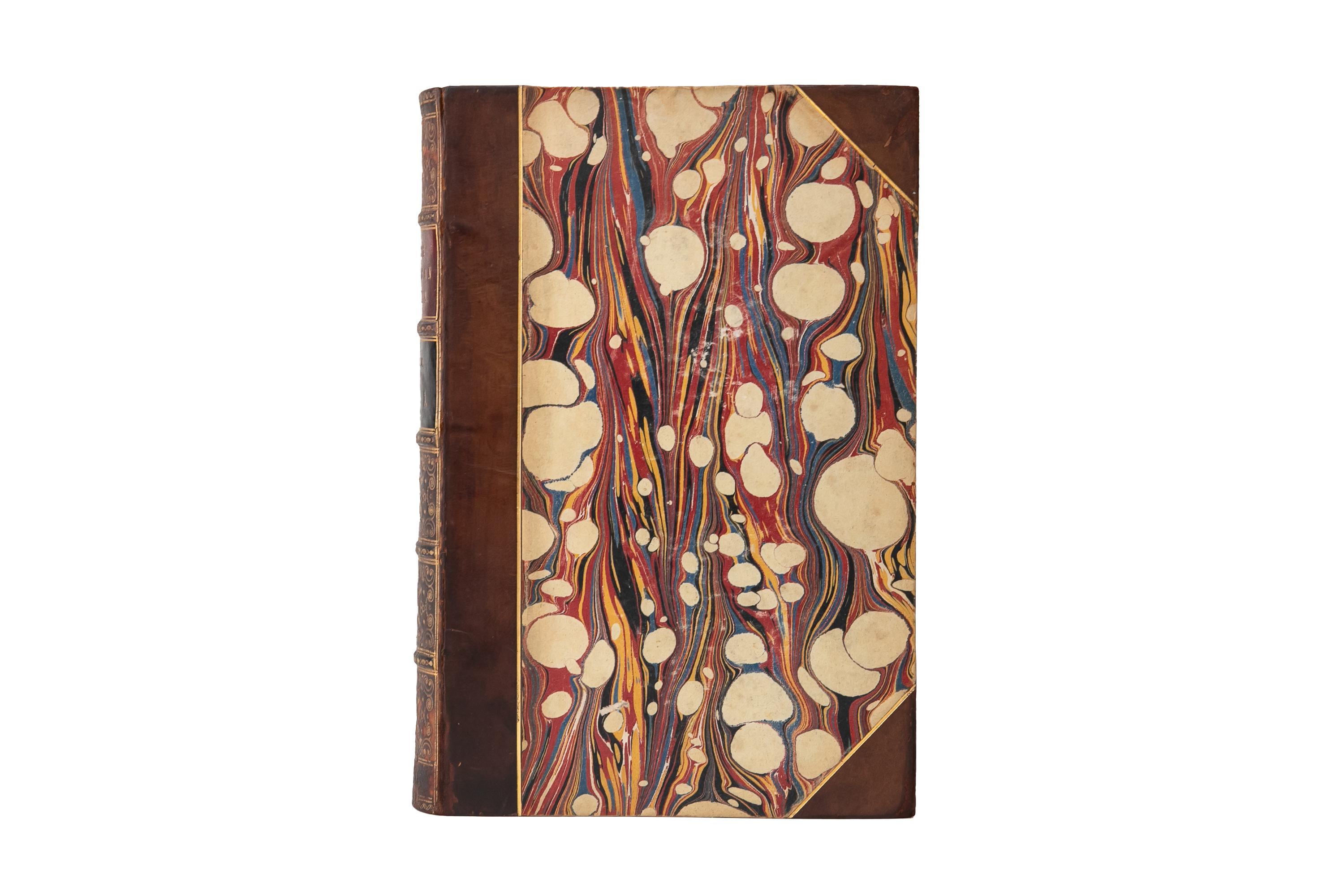 1 Volumes. George Catlin, North American Indians. Bound in 3/4 brown calf and marbled boards. The covers and raised band spine are gilt-tooled with red and black morocco labels. All edges are marbled with marbled endpapers. 360 engravings from the