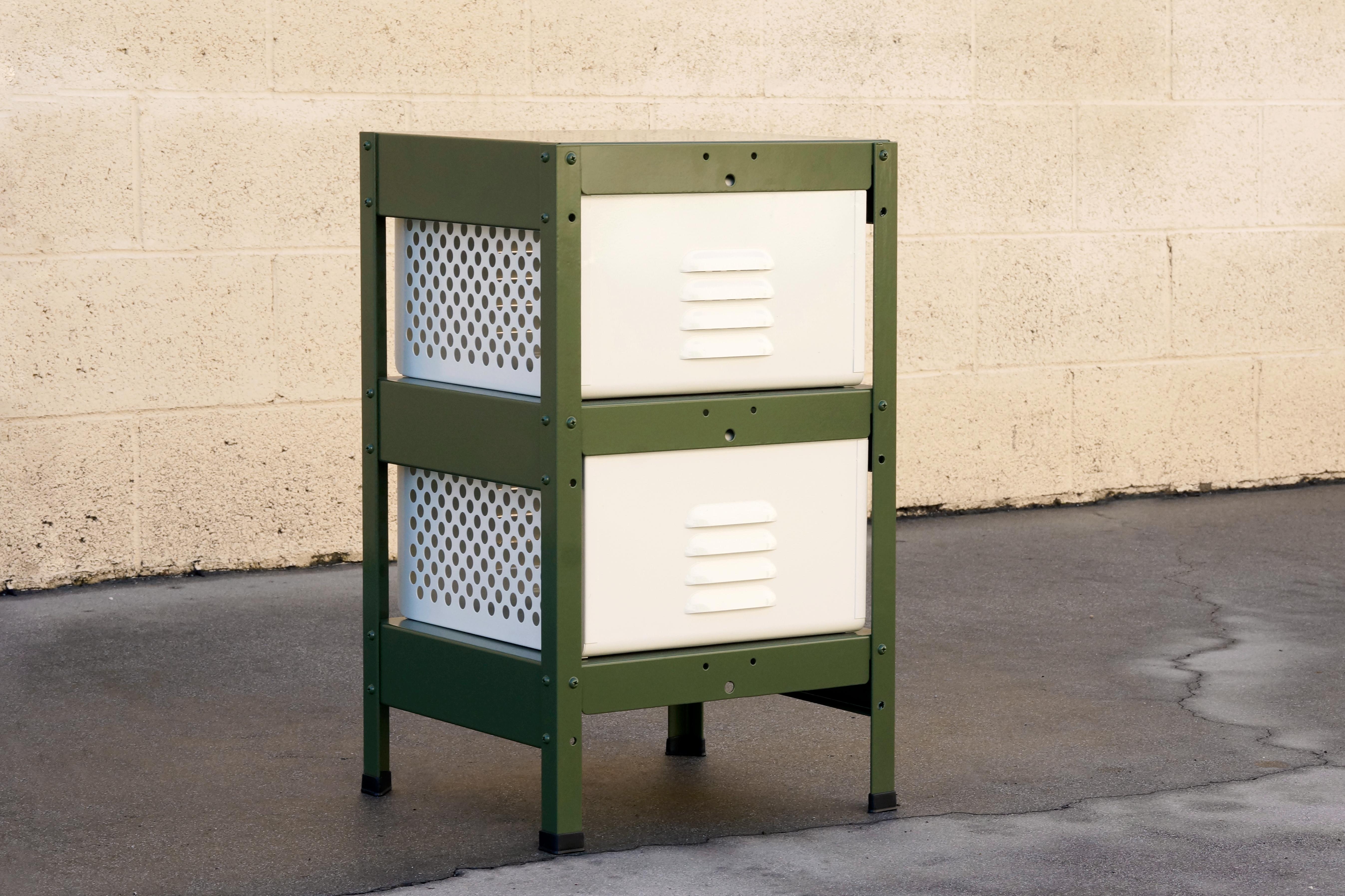 Our newly fabricated locker basket units are inspired by the midcentury classics we've been refinishing for years. Featured here is a 1 x 2 unit with pearl baskets and an army green frame. It's the perfect storage solution for anything from tools,