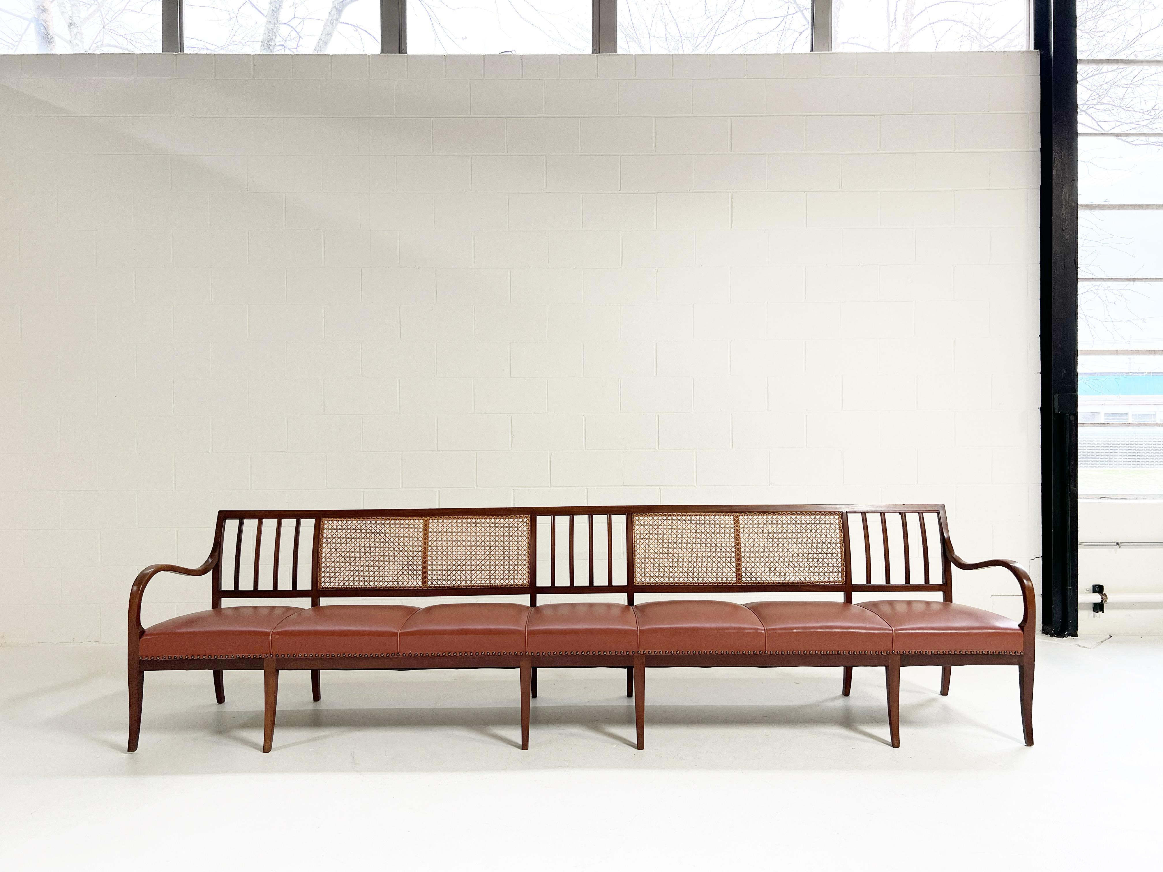 Scandinavian Modern Frits Henningsen Cane, Mahogany, and Leather 10 1/2 Ft Bench For Sale