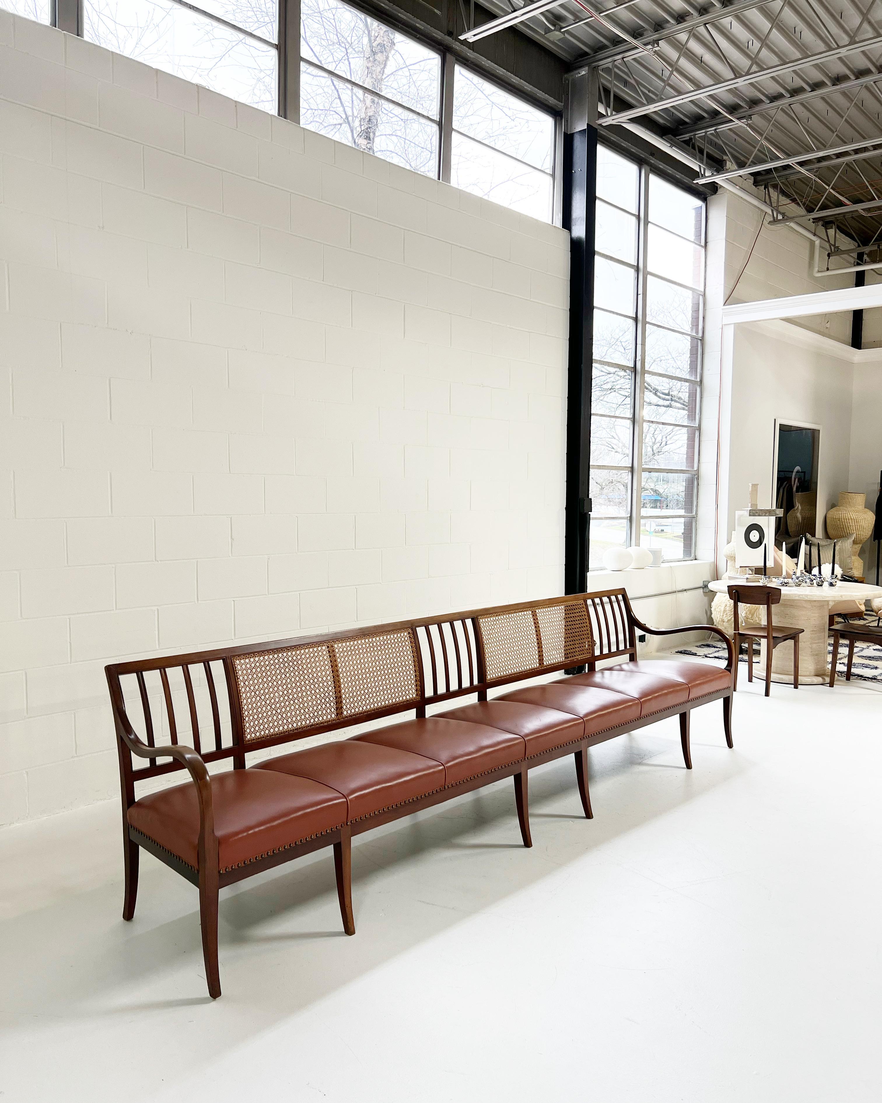 Mid-20th Century Frits Henningsen Cane, Mahogany, and Leather 10 1/2 Ft Bench For Sale
