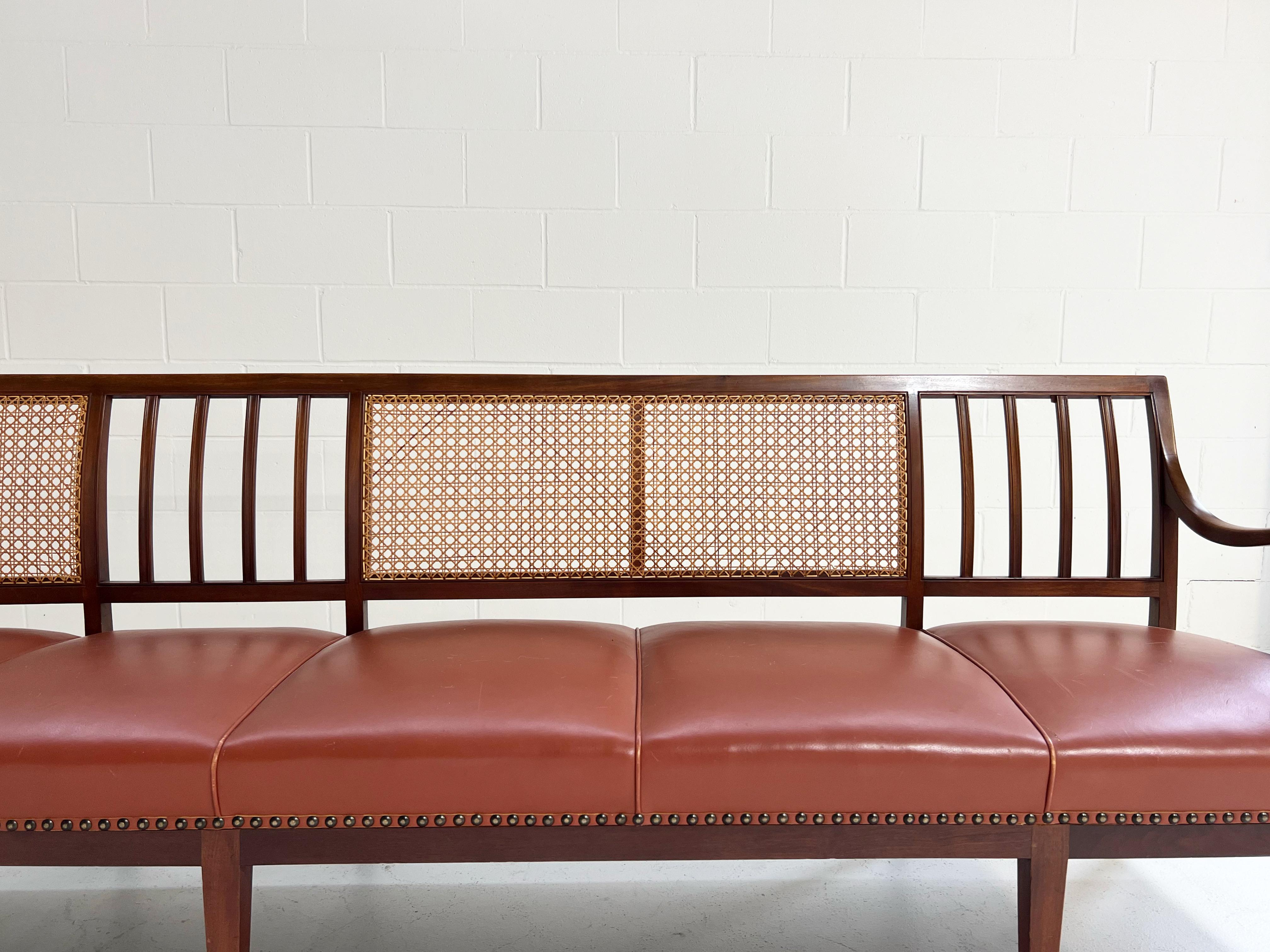 Frits Henningsen Cane, Mahogany, and Leather 10 1/2 Ft Bench For Sale 1
