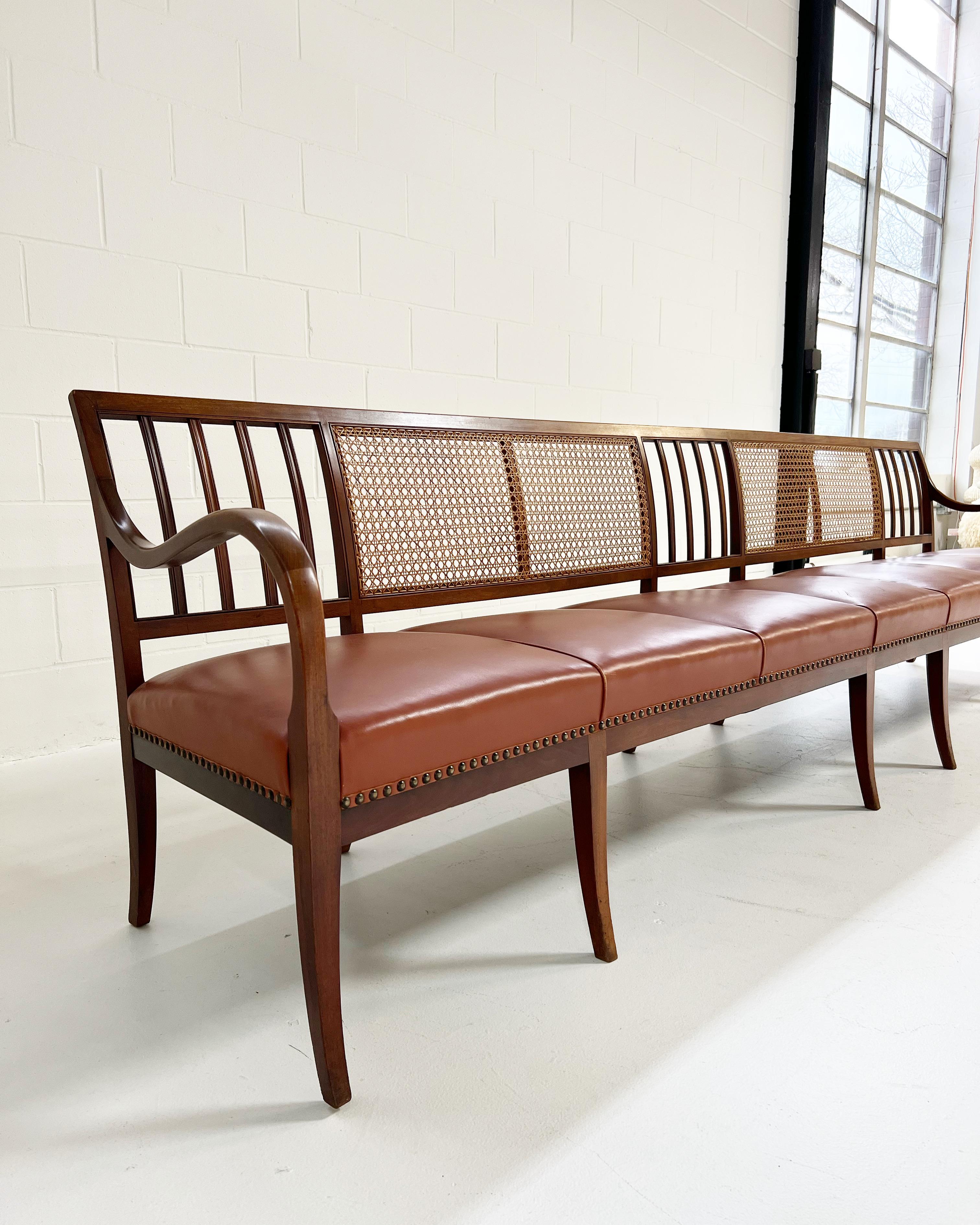 Frits Henningsen Cane, Mahogany, and Leather 10 1/2 Ft Bench For Sale 2