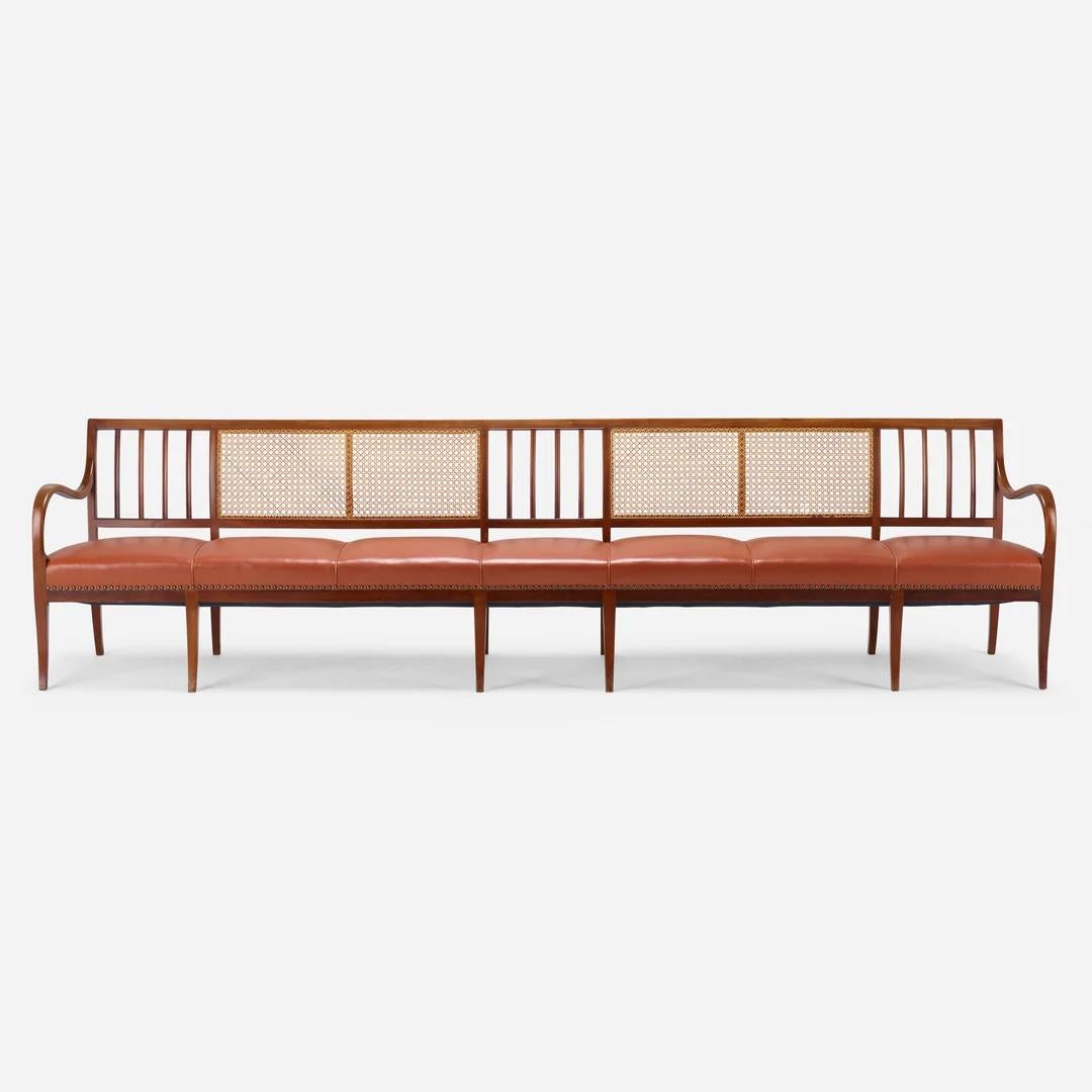 Frits Henningsen Cane, Mahogany, and Leather 10 1/2 Ft Bench For Sale 3