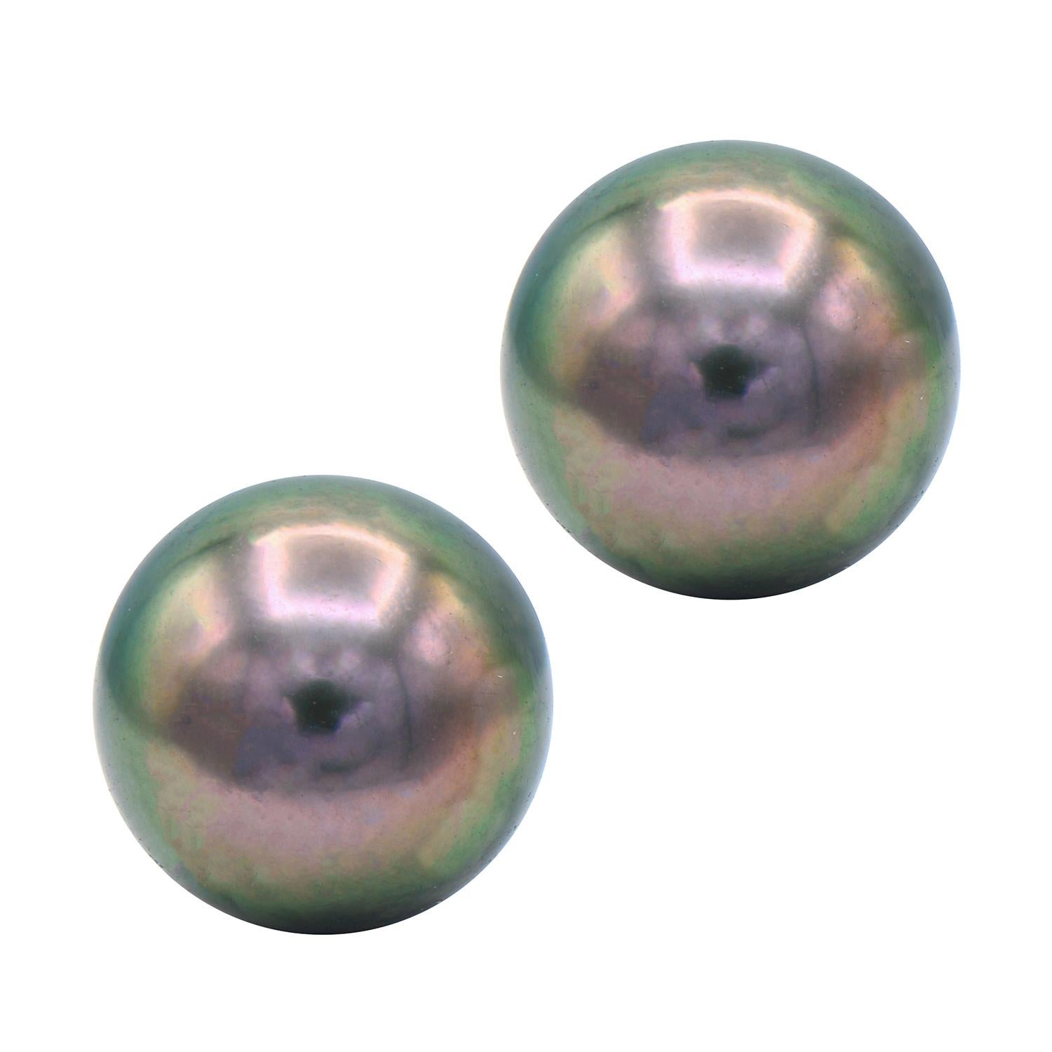 Tahitian Pearl Studs give a little twist to the classic white pearl studs. The Tahitian Pearl Studs are expertly matched in color, luster, and size to make a perfect pair. These 10-10.5mm beautiful pearls are set in 14 karat white gold.