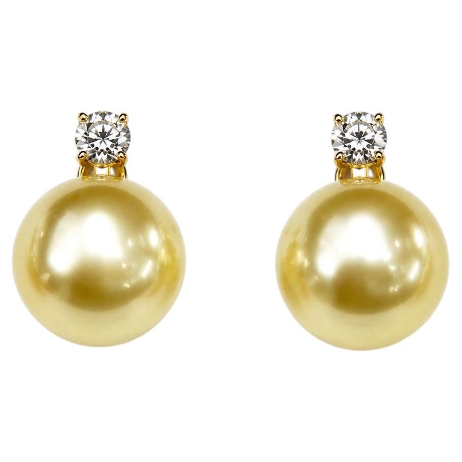 10–11mm Golden South Sea Pearl & Diamond Drop Earrings in 18K Gold