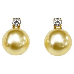 10–11mm Golden South Sea Pearl & Diamond Drop Earrings in 18K Gold