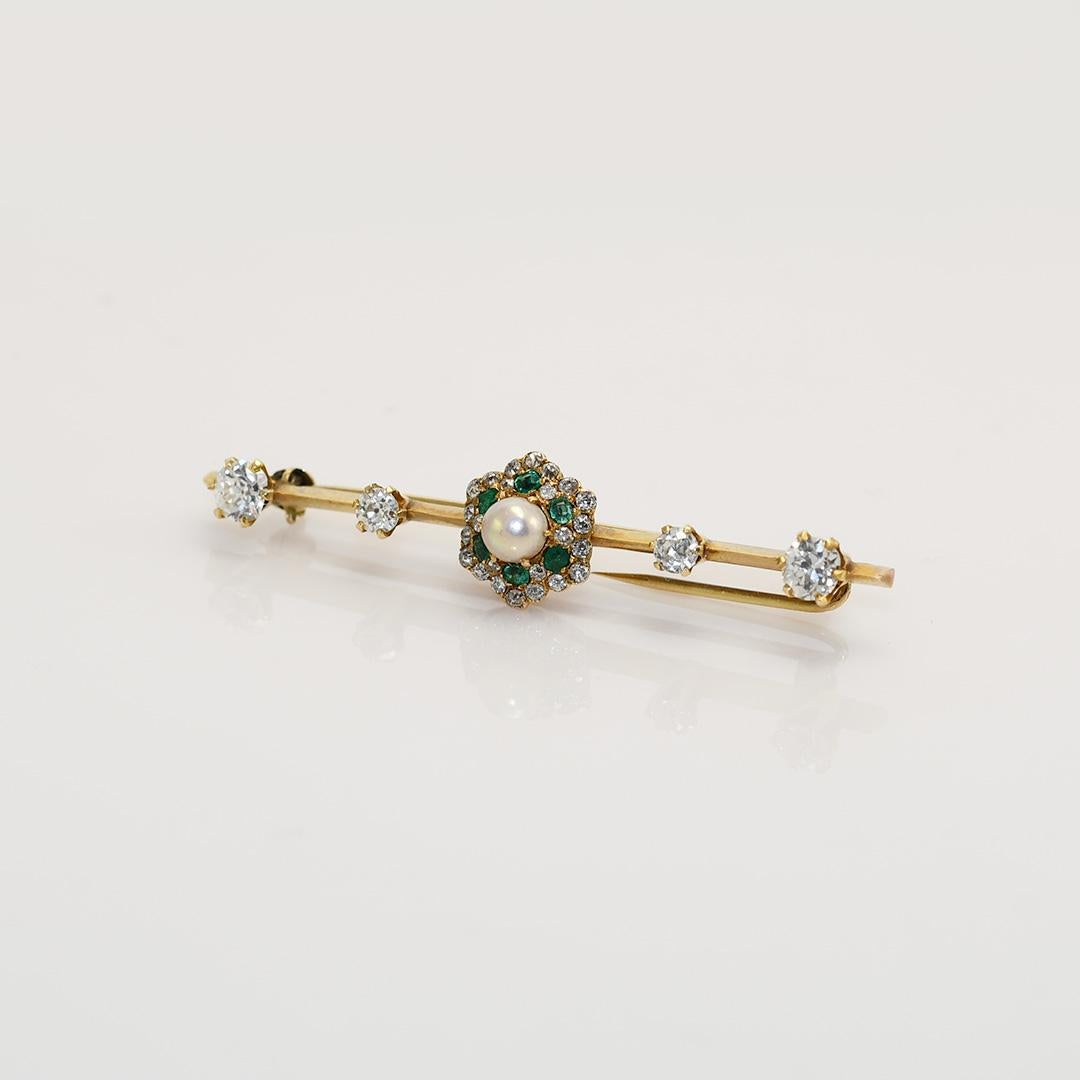 Round Cut 10/12KYG Antique Diamond & Emerald Brooch, 4.1g