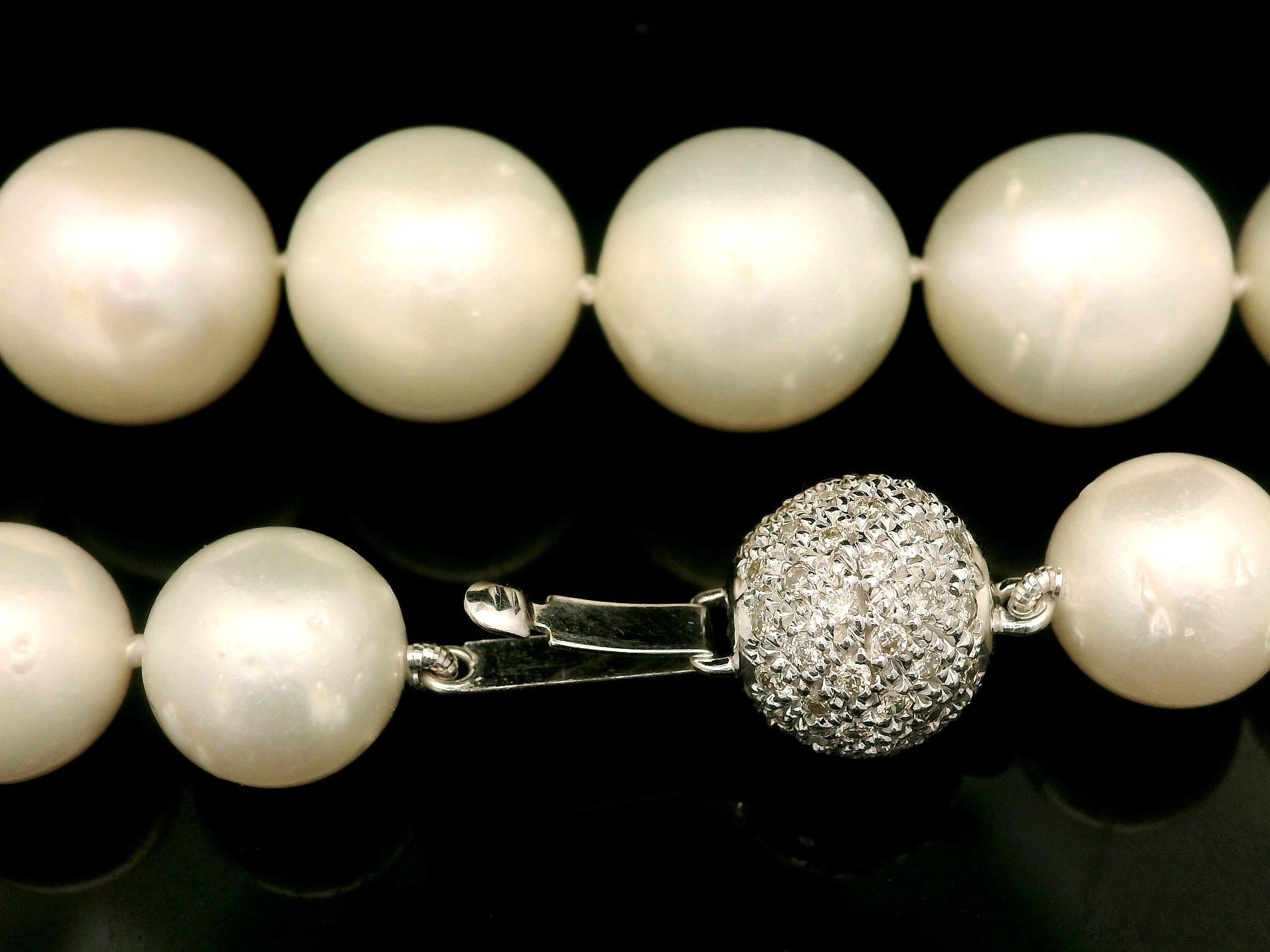 Round Cut 10-13mm Pearl Strand Necklace w/ 14k White Gold Diamond Covered Ball Clasp For Sale