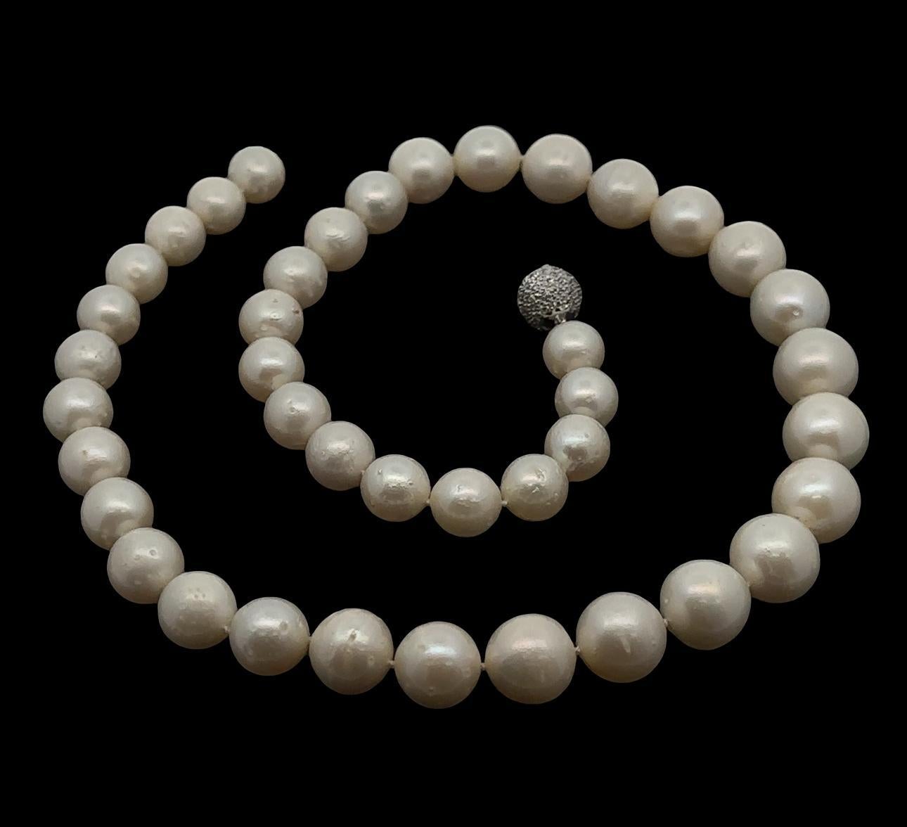 Women's 10-13mm Pearl Strand Necklace w/ 14k White Gold Diamond Covered Ball Clasp For Sale