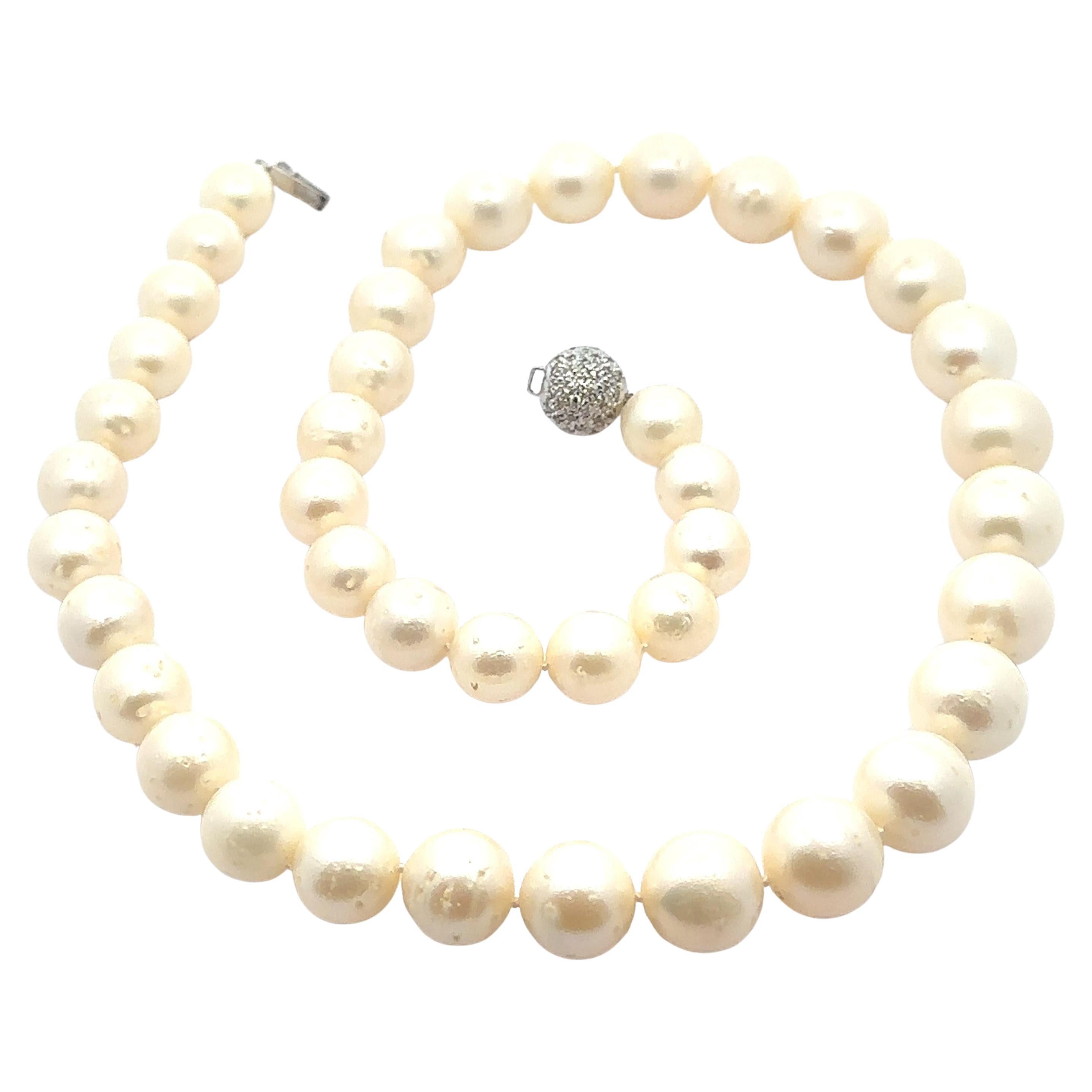 10-13mm Pearl Strand Necklace w/ 14k White Gold Diamond Covered Ball Clasp For Sale