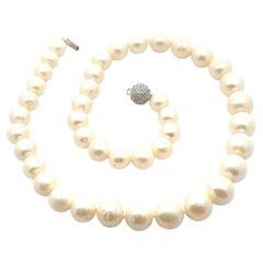 10-13mm Pearl Strand Necklace w/ 14k White Gold Diamond Covered Ball Clasp